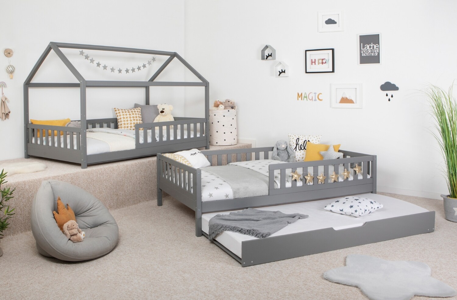 TiCAA 2 in 1 Hausbett Bodenbett wandelbar mit abnehmbaren Dach Duo 90x200, 100x200 cm, 120x200 cm, 140x200 Weiß für Jungen & Mädchen mit Zusatzbett, Rausfallschutz & Rolllattenrost – aus Kiefer Massivholz