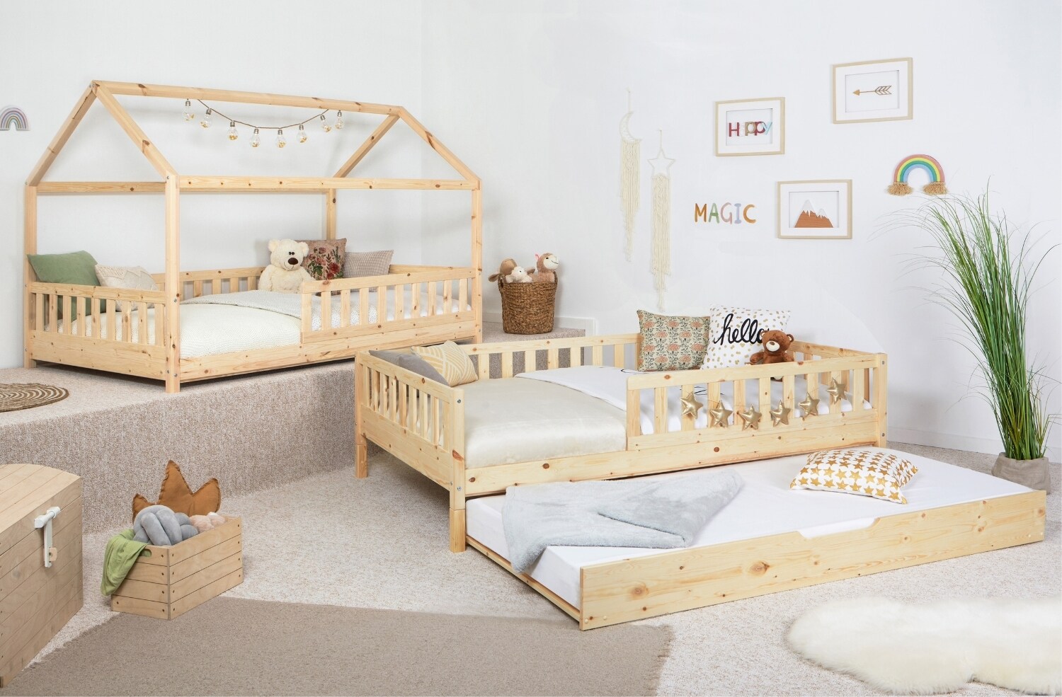 TiCAA 2 in 1 Hausbett Bodenbett wandelbar mit abnehmbaren Dach Duo 90x200, 100x200 cm, 120x200 cm, 140x200 Weiß für Jungen & Mädchen mit Zusatzbett, Rausfallschutz & Rolllattenrost – aus Kiefer Massivholz