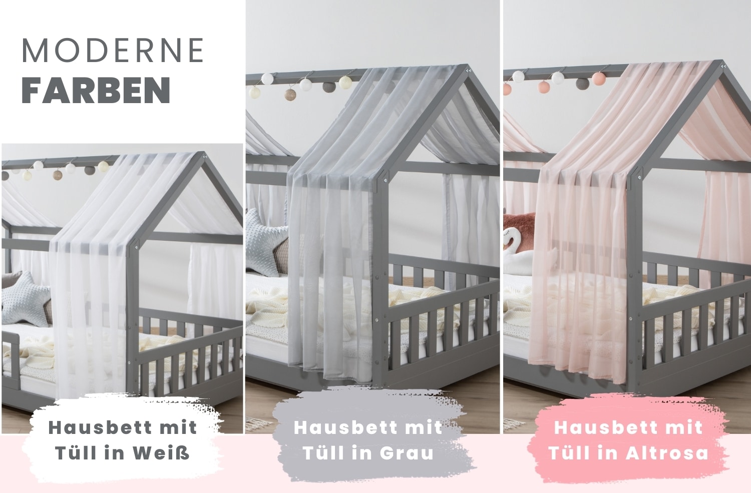 TiCAA Hausbett mit T&uuml;ll Kim 90x200 cm, 100x200 cm, 120x200 cm, 140x200 f&uuml;r Jungen & M&auml;dchen, inkl. Rolllattenrost, Rausfallschutz variabel, Montessori Bett Hellgrau aus Kiefer Massivholz - Bild 1