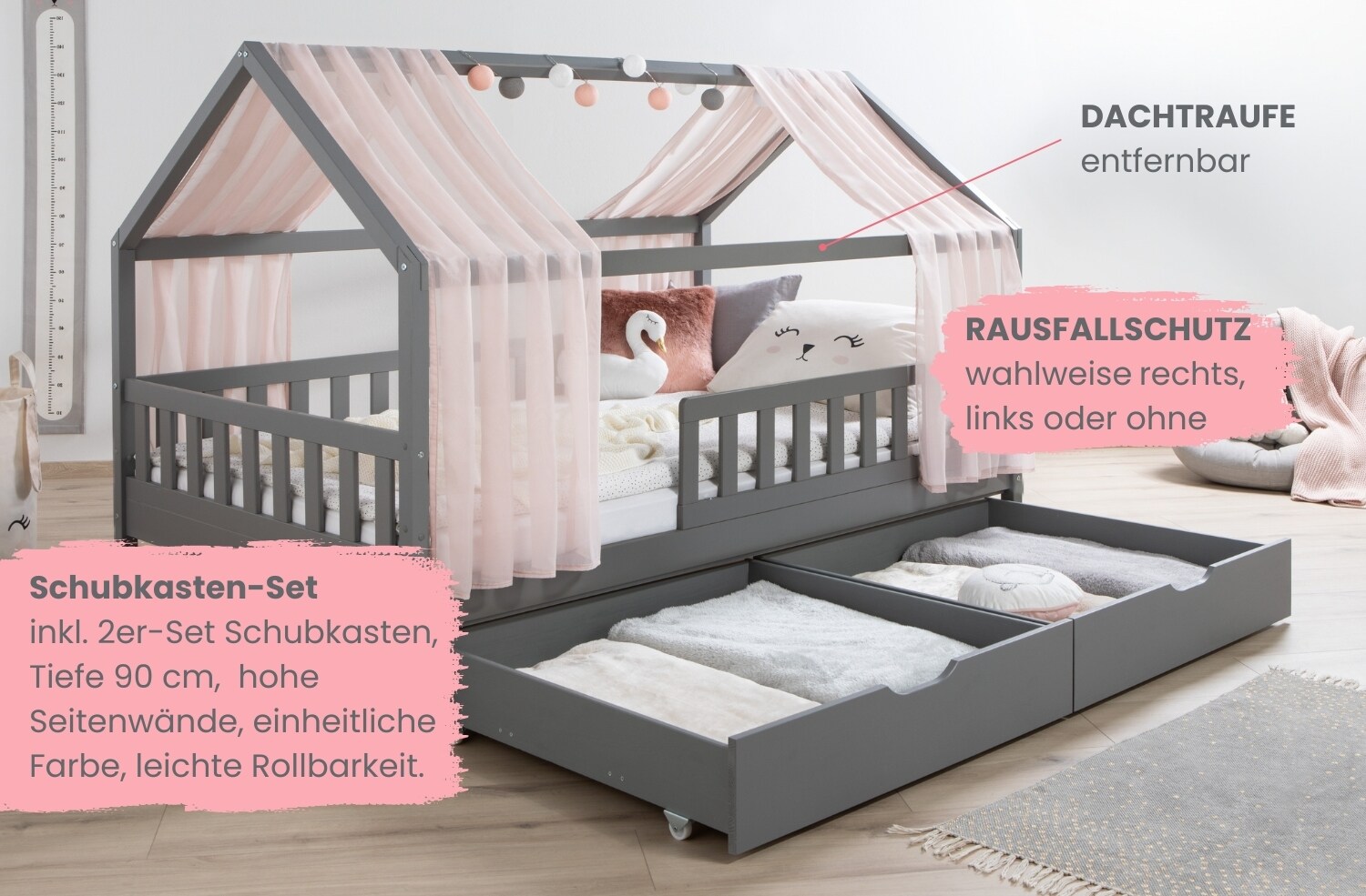 TiCAA Hausbett mit T&uuml;ll Kim 90x200 cm, 100x200 cm, 120x200 cm, 140x200 cm f&uuml;r Jungen & M&auml;dchen, inkl. Rolllattenrost, Schubkasten und Rausfallschutz variabel, Hellgrau aus Kiefer Massivholz - Bild 1