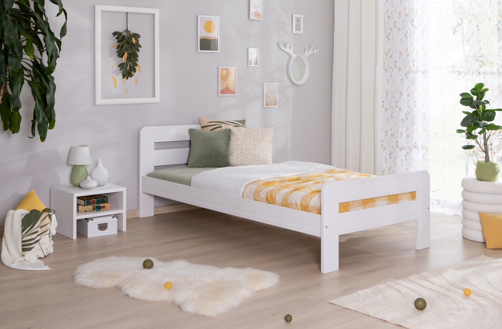 TiCAA Einzelbett Doppelbett Bert Kiefer Weiß aus Massivholz