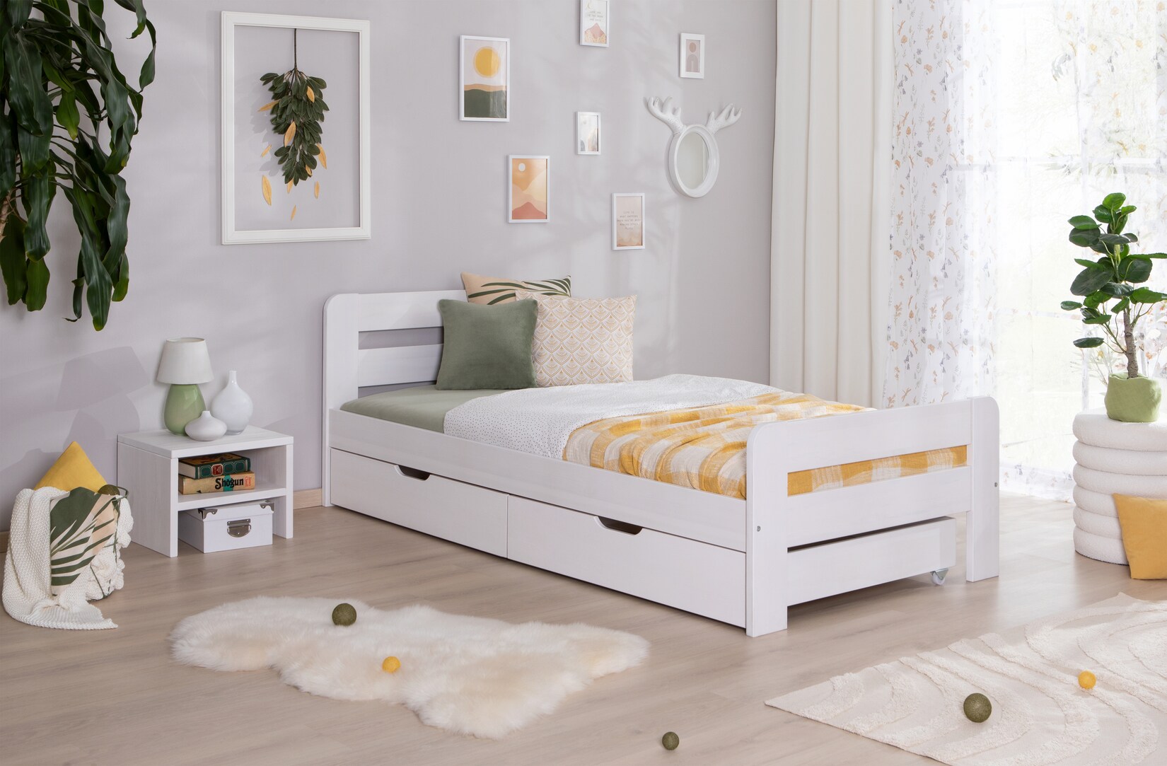 TiCAA Einzelbett Doppelbett Bert Kiefer Weiß aus Massivholz
