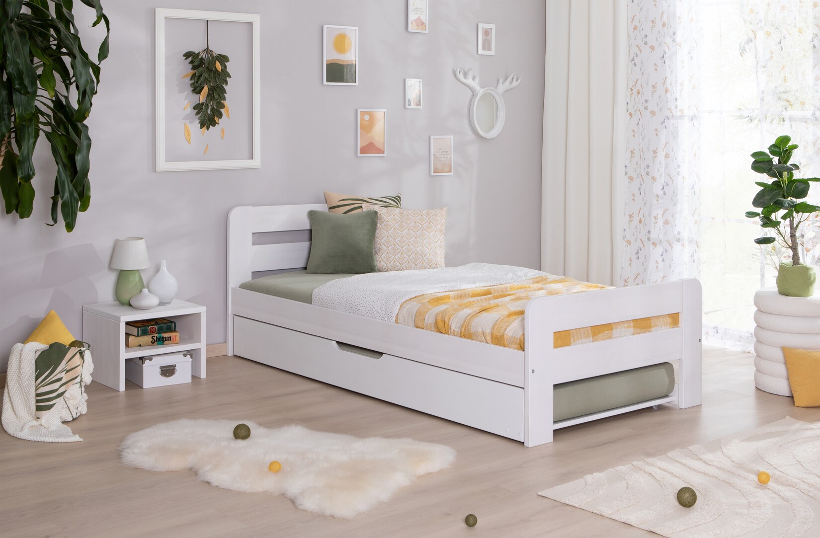 TiCAA Einzelbett Doppelbett Bert Kiefer Weiß aus Massivholz