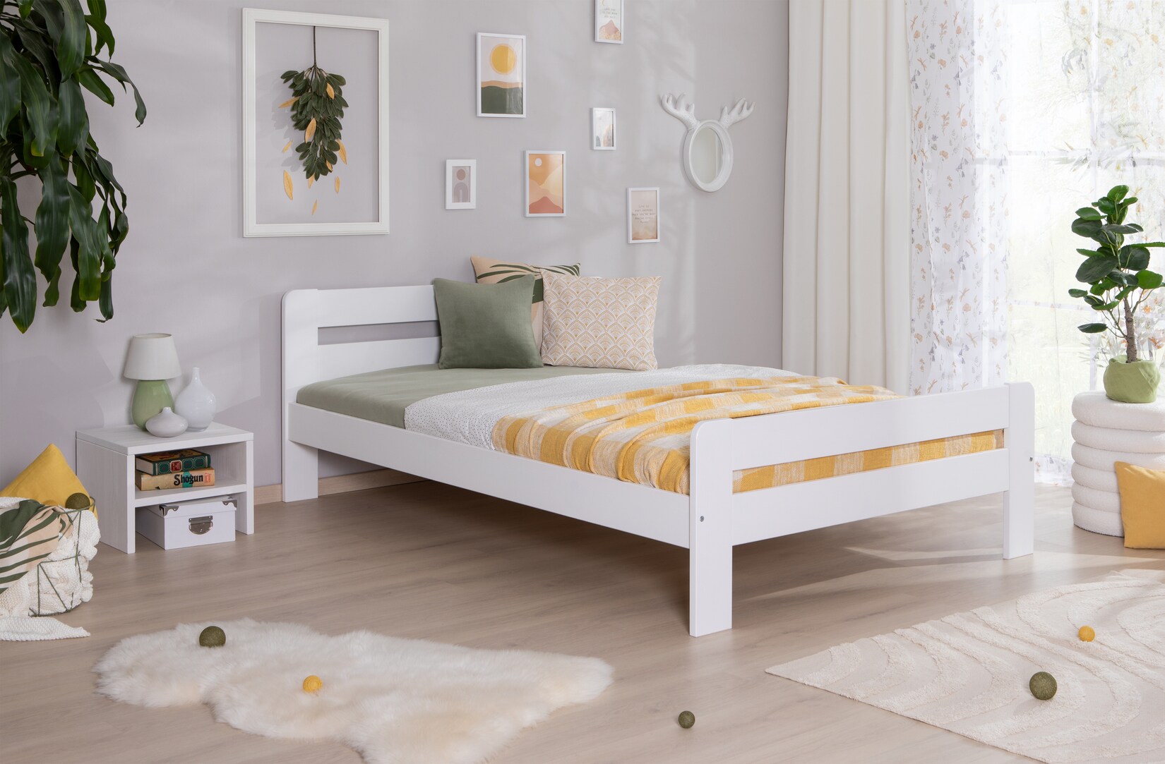 TiCAA Einzelbett Doppelbett Bert Kiefer Weiß aus Massivholz
