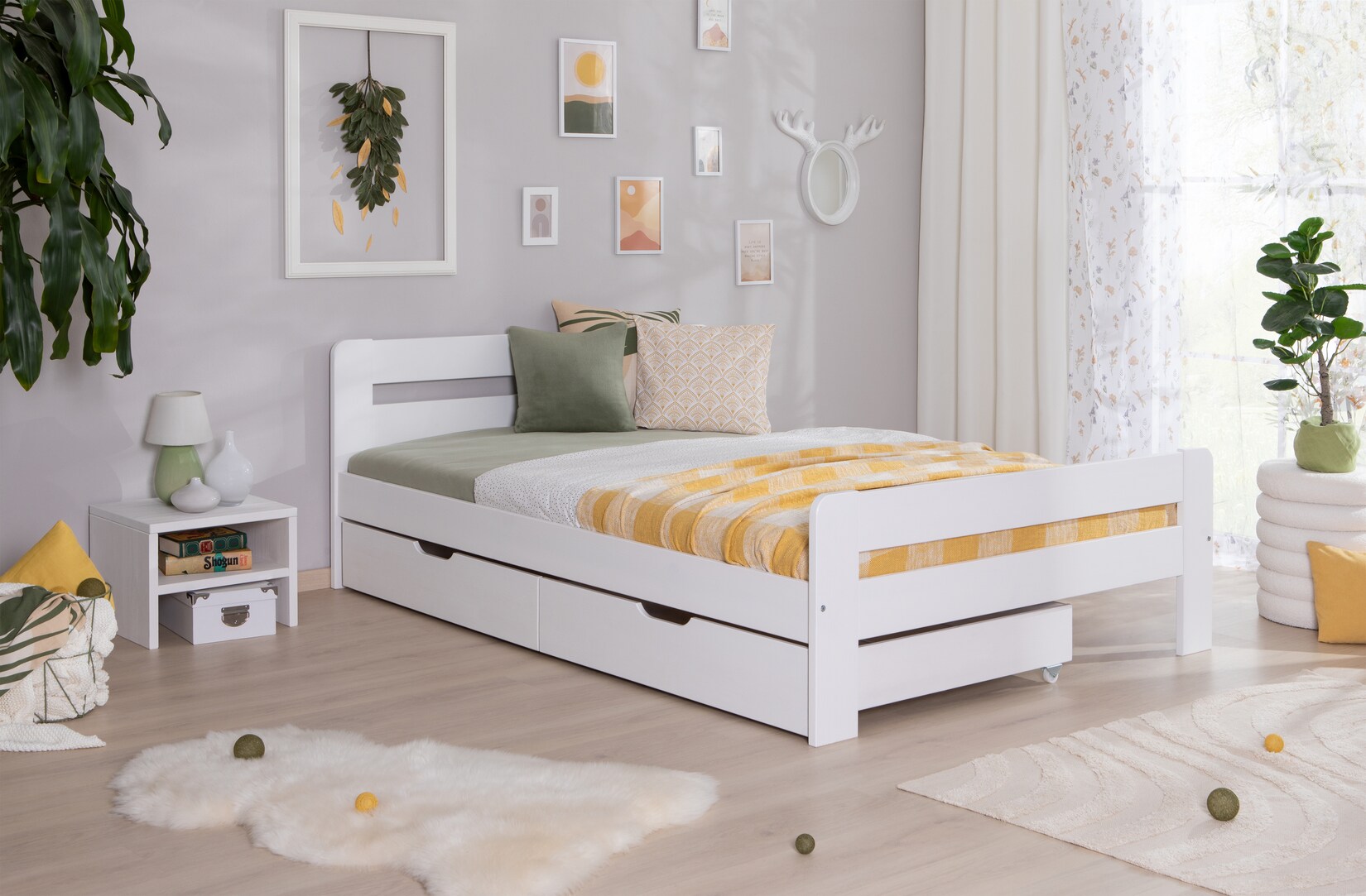 TiCAA Einzelbett Doppelbett Bert Kiefer Weiß aus Massivholz