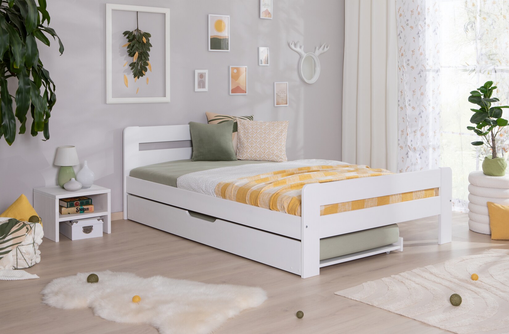 TiCAA Einzelbett Doppelbett Bert Kiefer Weiß aus Massivholz