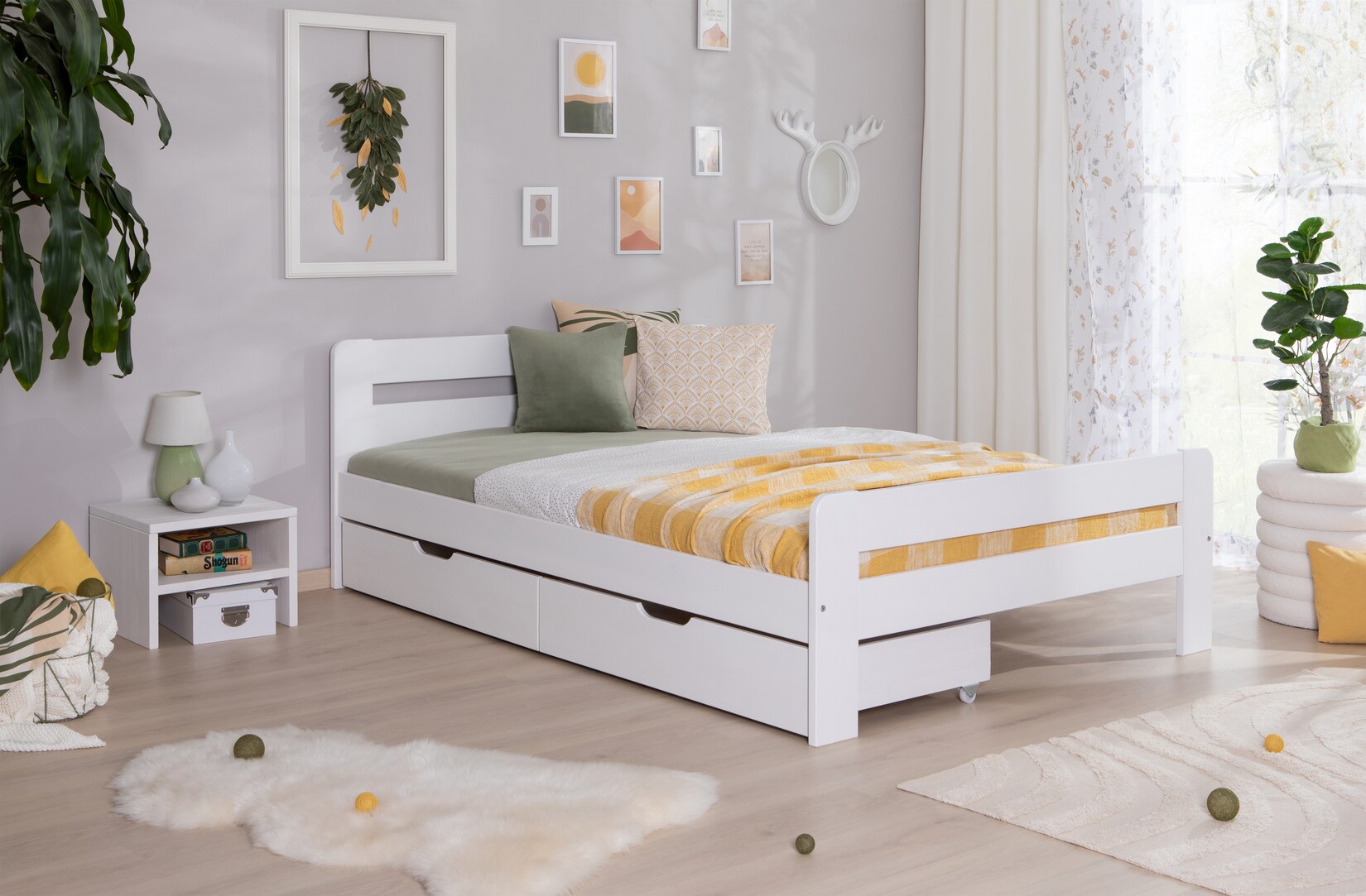 TiCAA Einzelbett Doppelbett Bert Kiefer Weiß aus Massivholz