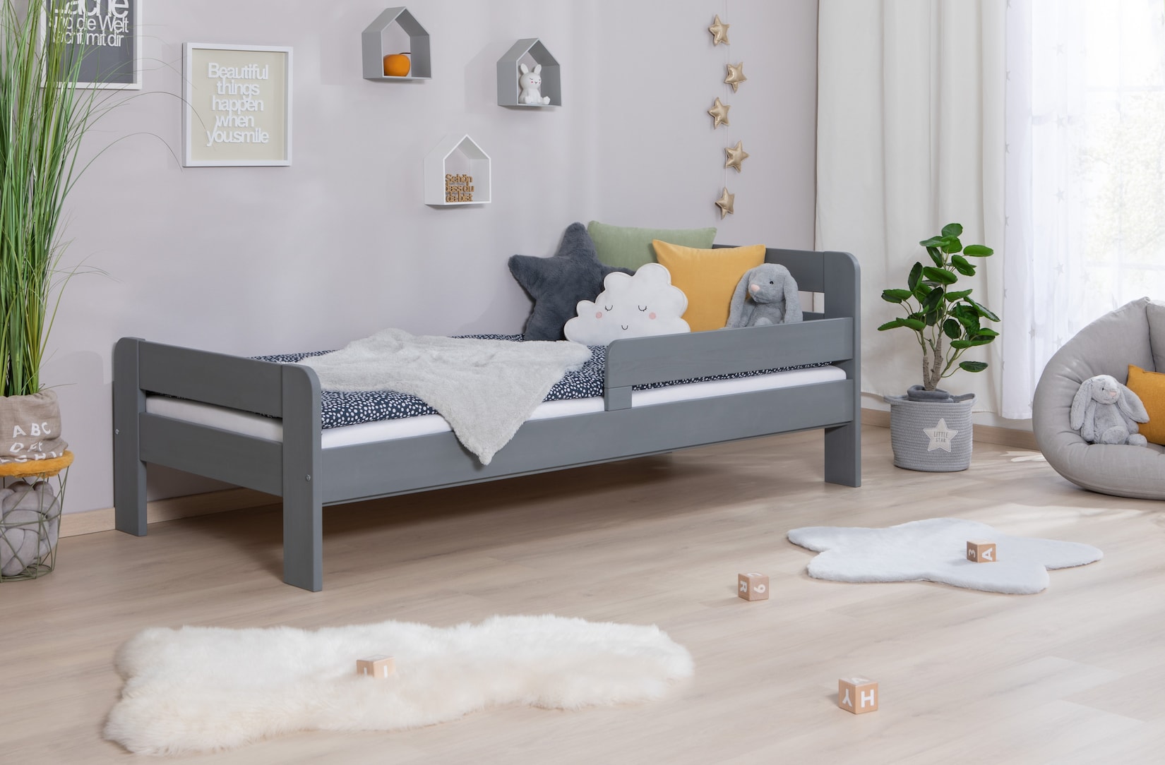TiCAA Einzelbett Kinderbett Jugendbett, Bennet mit Rausfallschutz & Lattenrost für Schlafzimmer, Kinderzimmer Kiefer Massivholz Bettgestell …