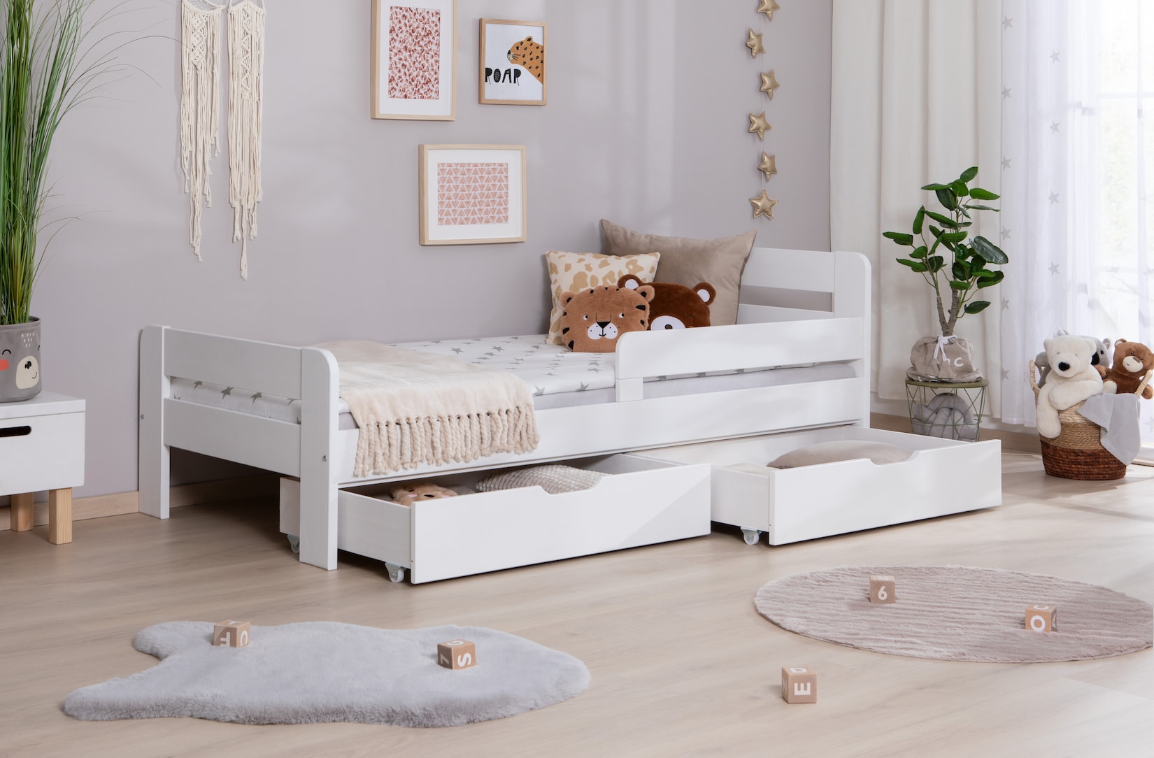 TiCAA Einzelbett Kinderbett Jugendbett, Bennet mit Schubkasten Rausfallschutz für Schlafzimmer, Kinderzimmer Kiefer Massivholz Bettgestell …