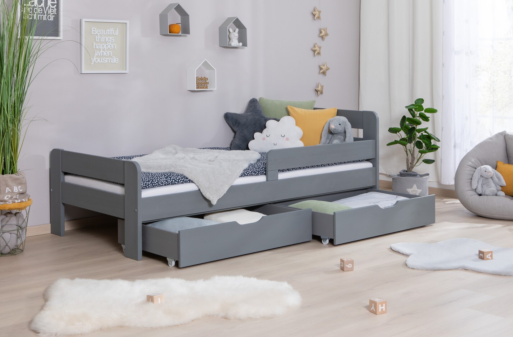TiCAA Einzelbett Kinderbett Jugendbett, Bennet mit Schubkasten Rausfallschutz für Schlafzimmer, Kinderzimmer Kiefer Massivholz Bettgestell 90/100/120 x 200 cm