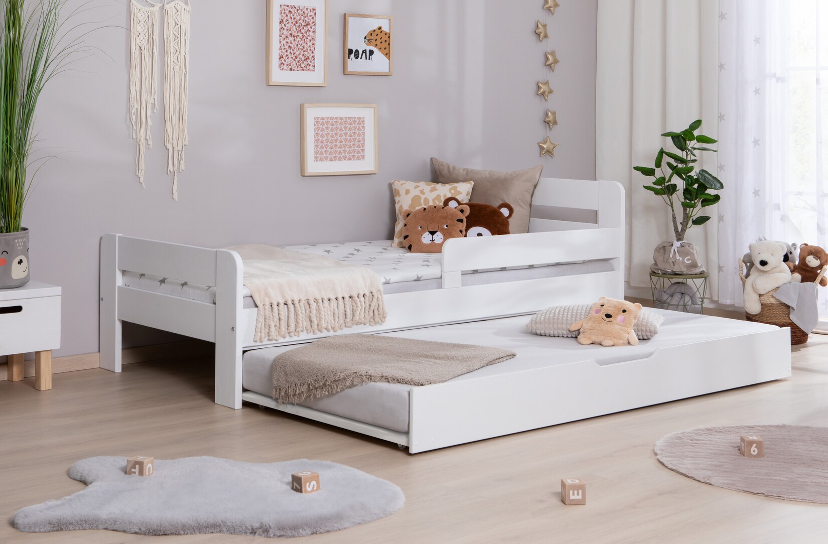 TiCAA Einzelbett Kinderbett Jugendbett, Bennet mit Zusatzbett Rausfallschutz & Lattenrost für Schlafzimmer, Kinderzimmer Kiefer Massivholz Bettgestell 90/100 /120 x 200 cm | 04251105981138