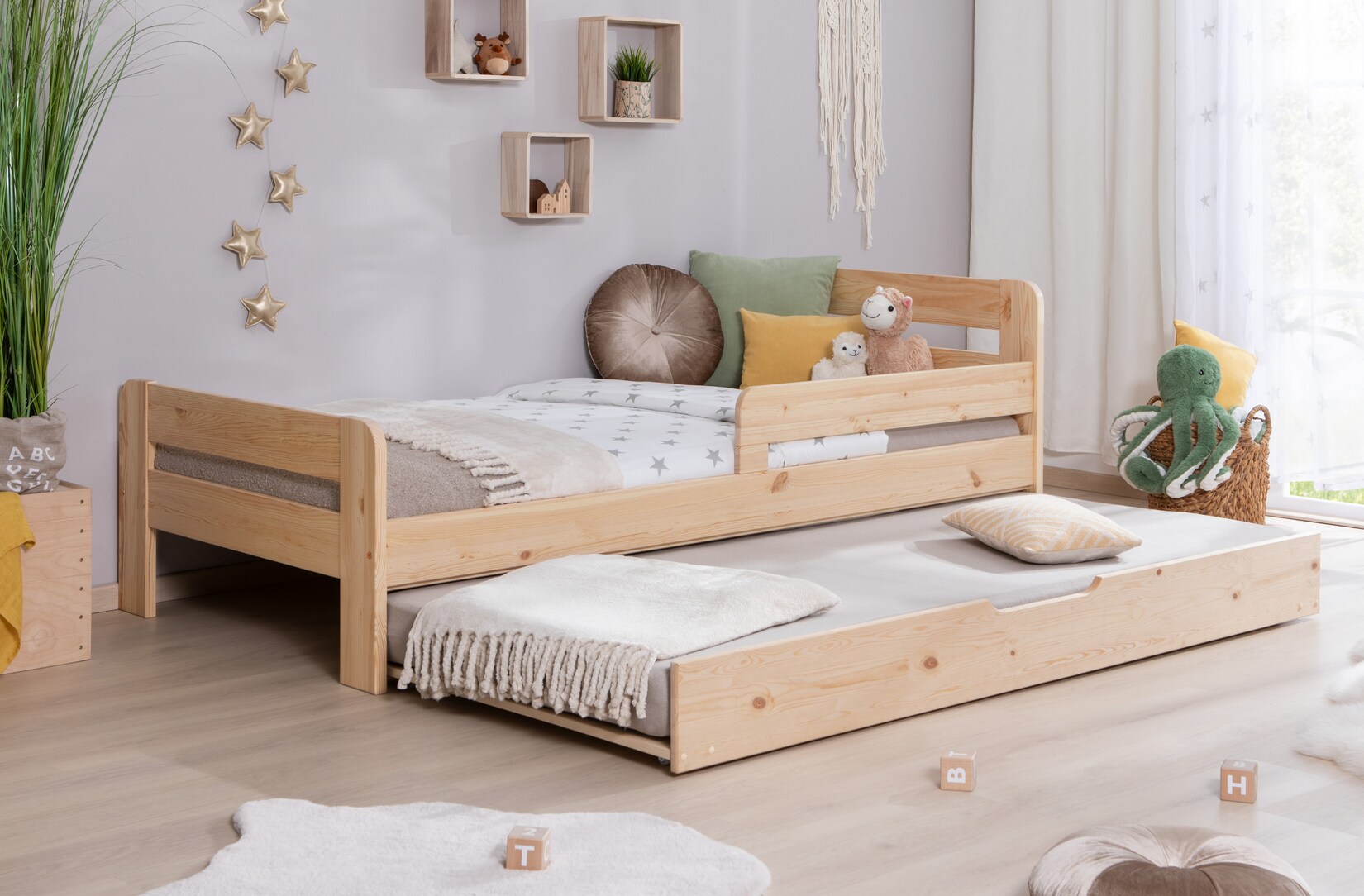 TiCAA Einzelbett Kinderbett Jugendbett, Bennet mit Zusatzbett Rausfallschutz & Lattenrost für Schlafzimmer, Kinderzimmer Kiefer Massivholz Bettgestell 90/100 /120 x 200 cm | 04251105981206