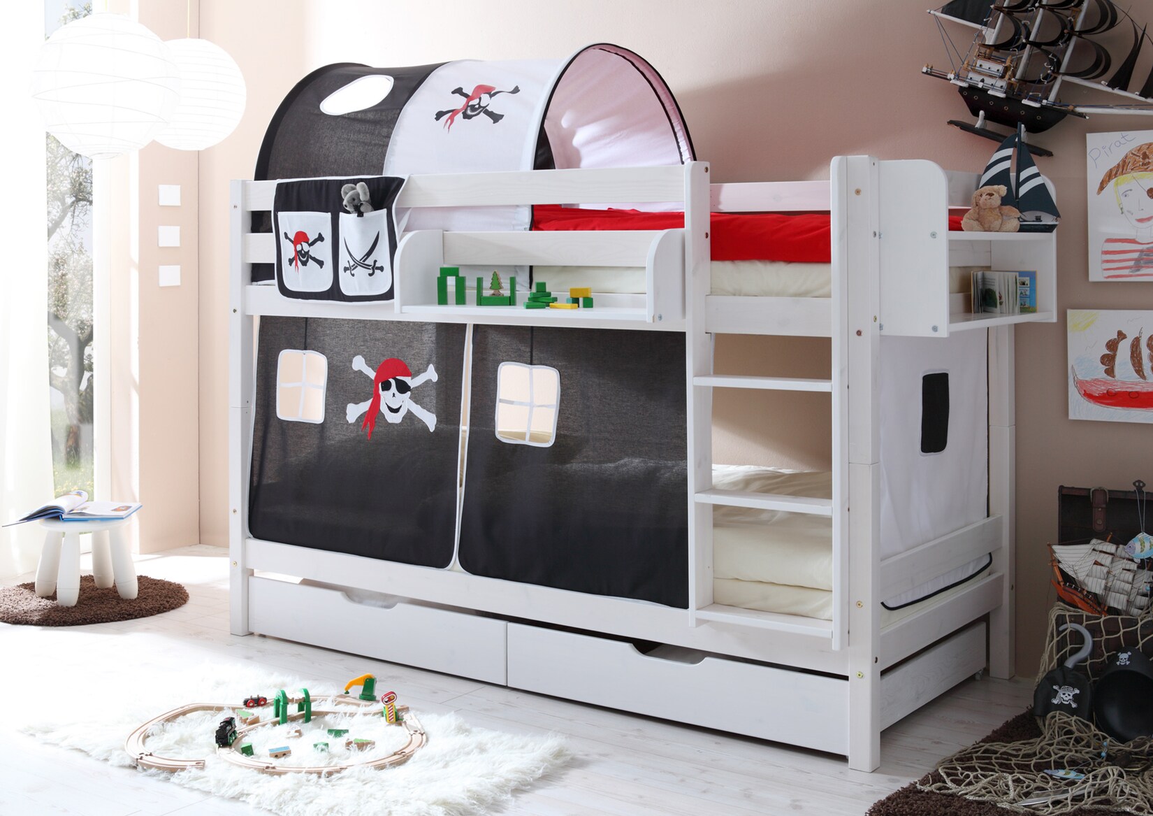 TiCAA Etagenbett „Marcel“ Kiefer weiß Motiv | 04250393838902