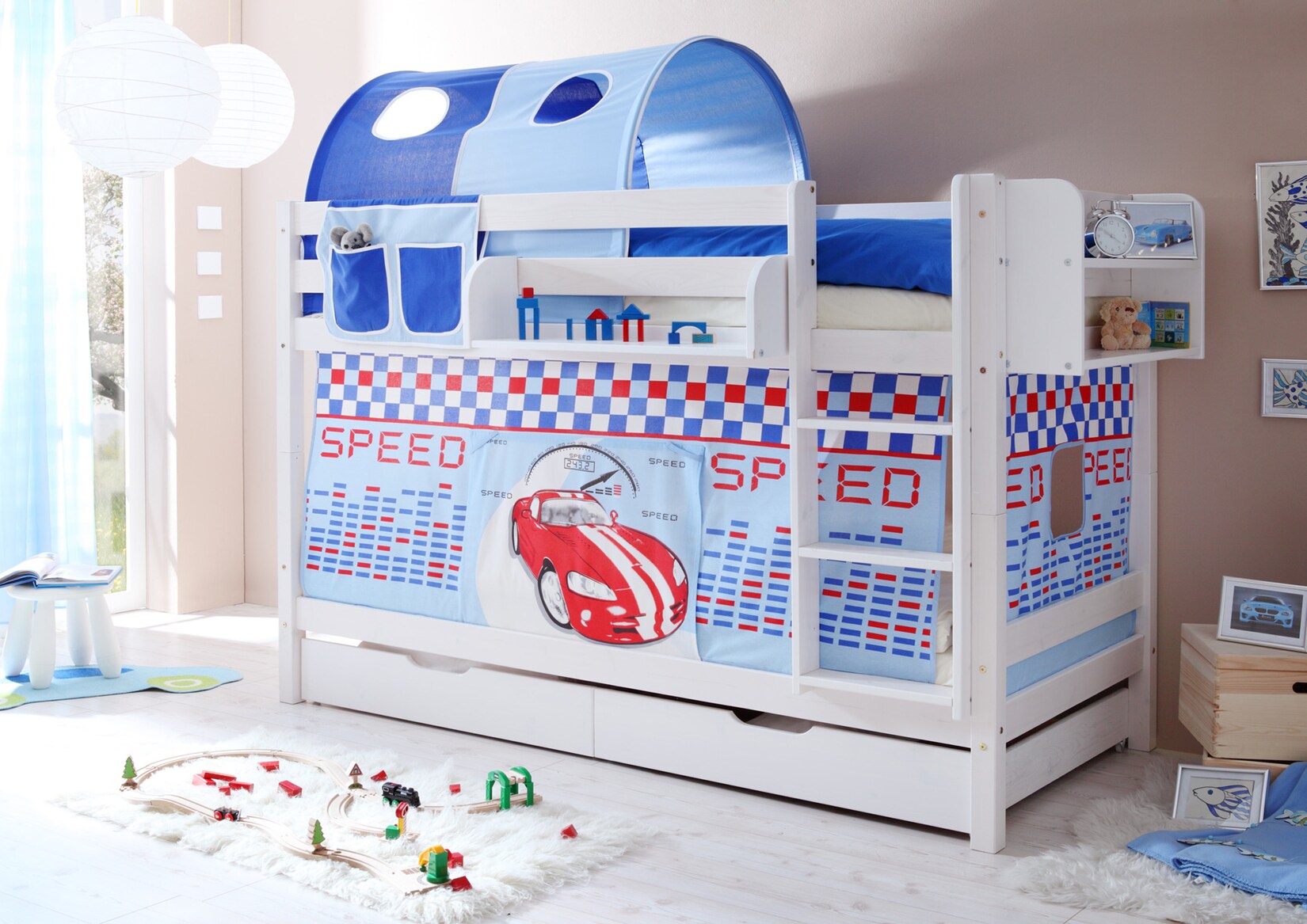 TiCAA Etagenbett „Marcel“ Kiefer weiß Motiv | 04250393838926