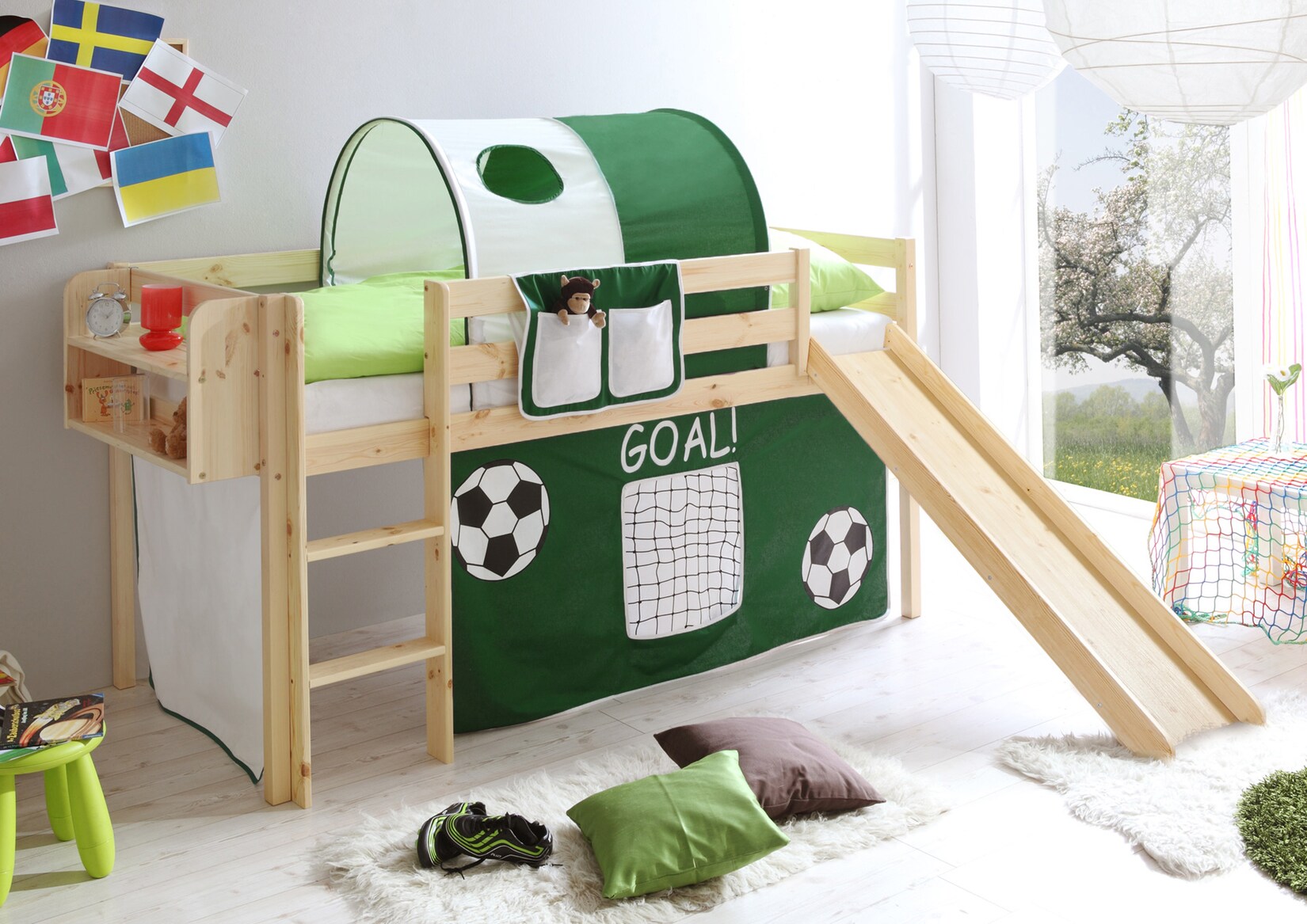 TiCAA Rutschbett „Manuel“ Kiefer Natur GOAL inkl. Vorhang | 04250393854575