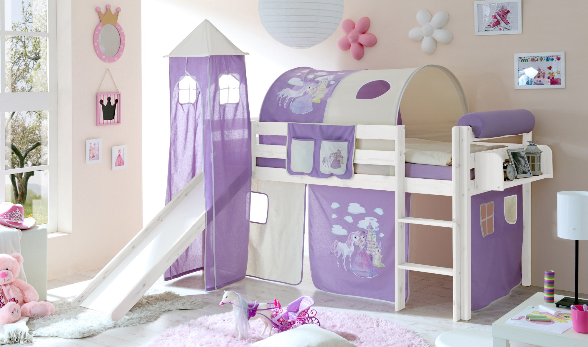 TiCAA Rutschbett mit Turm "Kasper" Kiefer Wei&szlig; Motiv - Bild 1