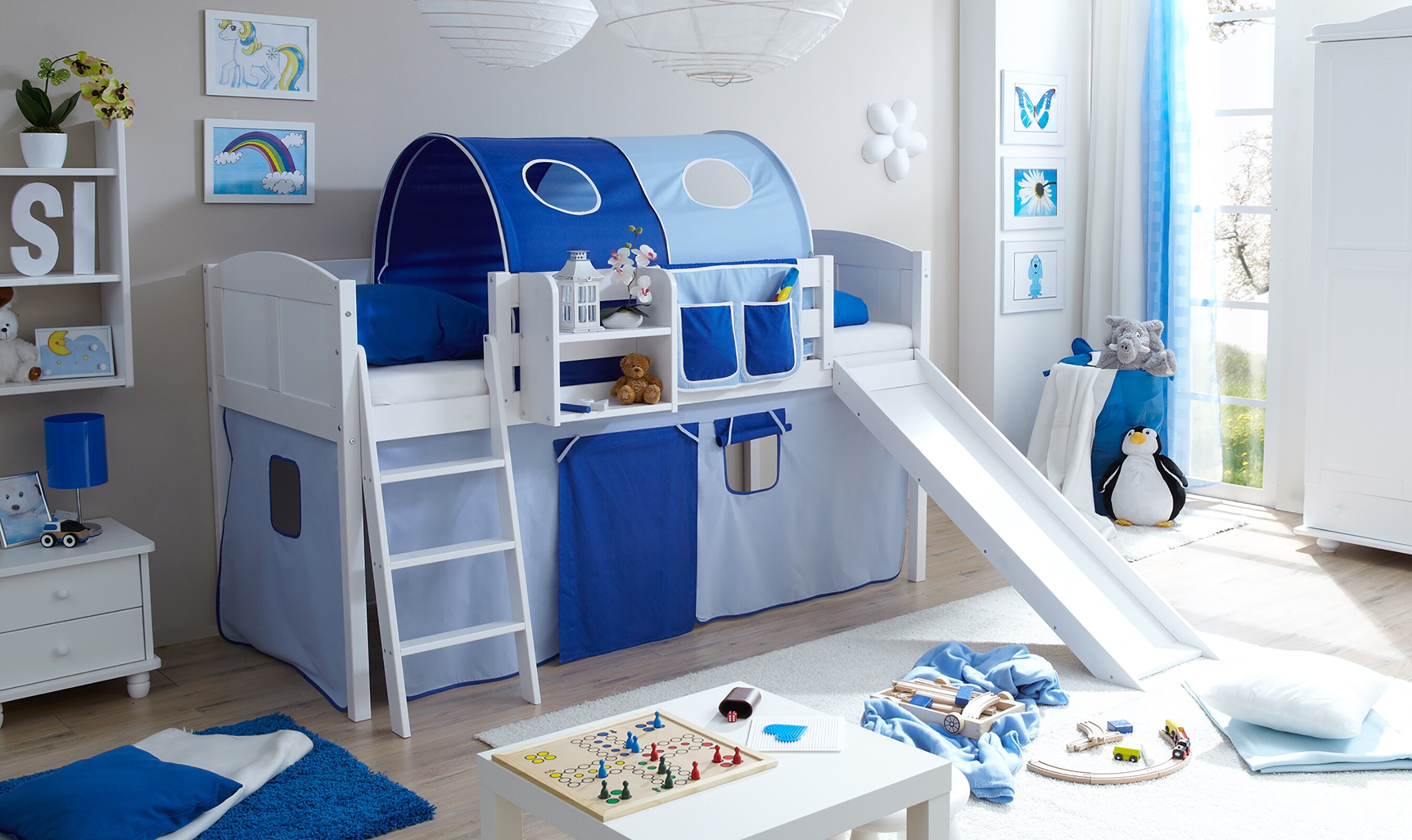 TiCAA Hochbett mit Rutsche Rutschbett "Ekki" Country Kiefer Wei&szlig; Classic - Bild 1