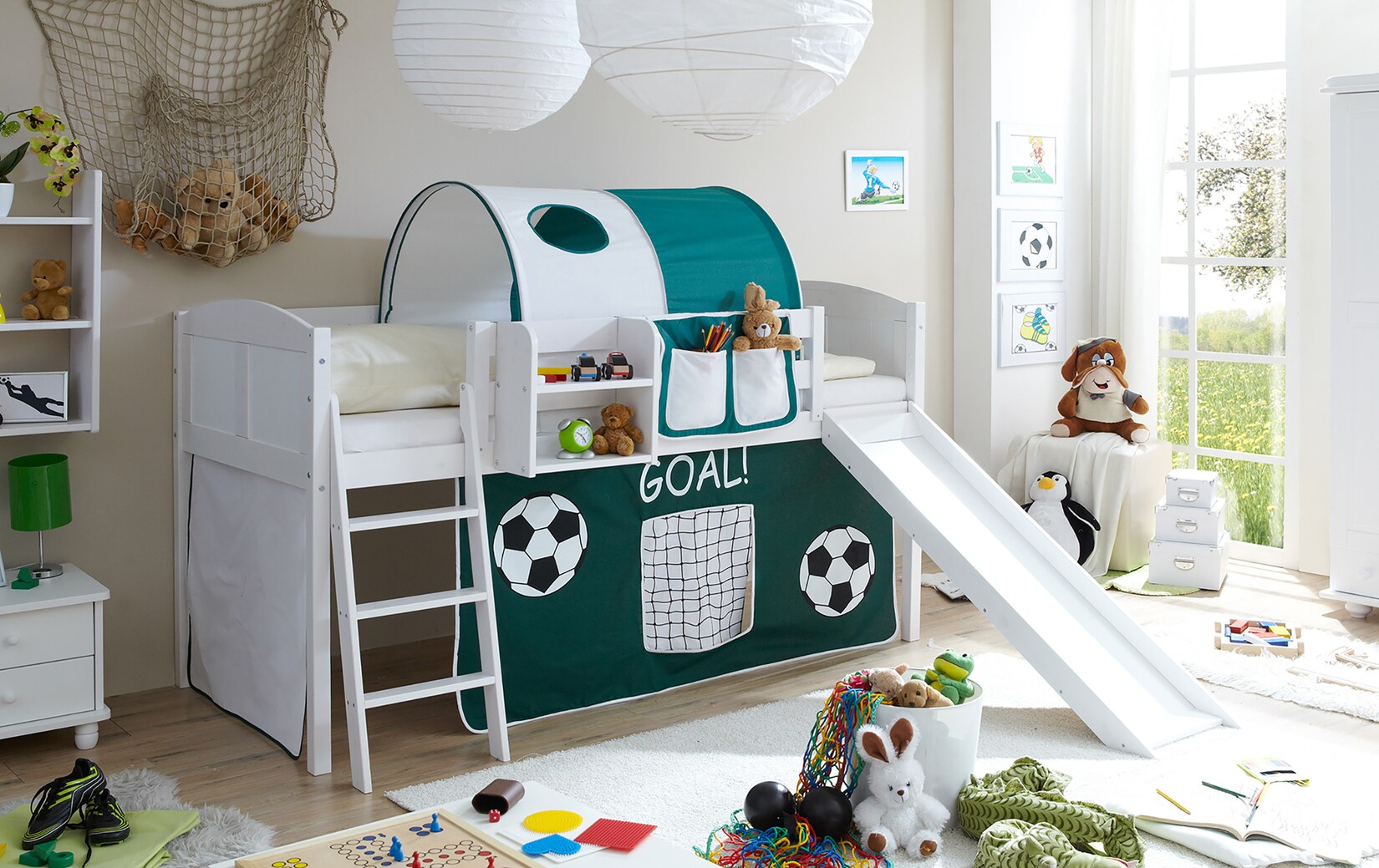 TiCAA Hochbett mit Rutsche Rutschbett „Ekki“ Country Kiefer Weiß Motiv | 04250393874443