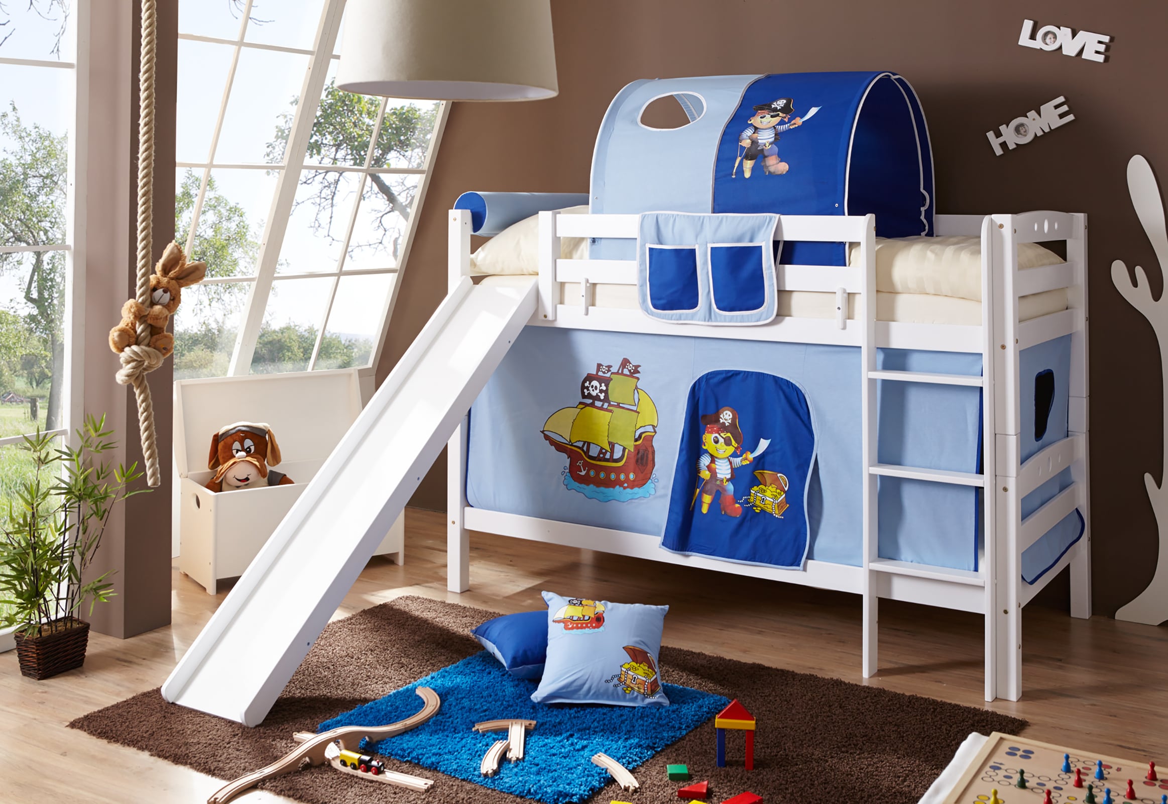 TiCAA Etagenbett mit Rutsche "Lupo" Buche massiv Wei&szlig; Motiv - Bild 1