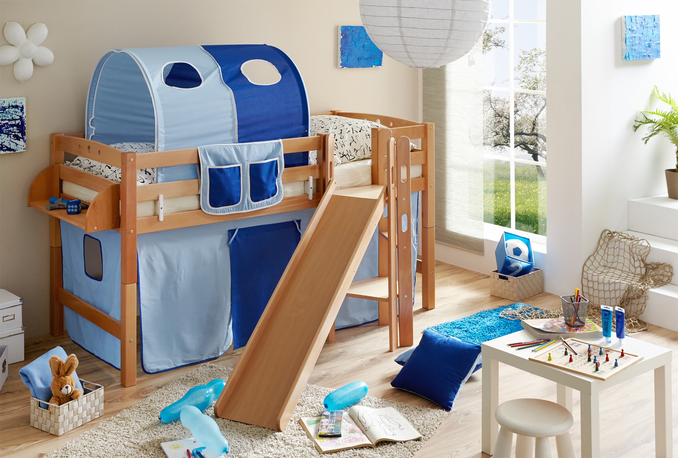 TiCAA Hochbett mit Rutsche Podestbett "Tino" Buche Natur Classic teilbar mit Farbauswahl - Bild 1