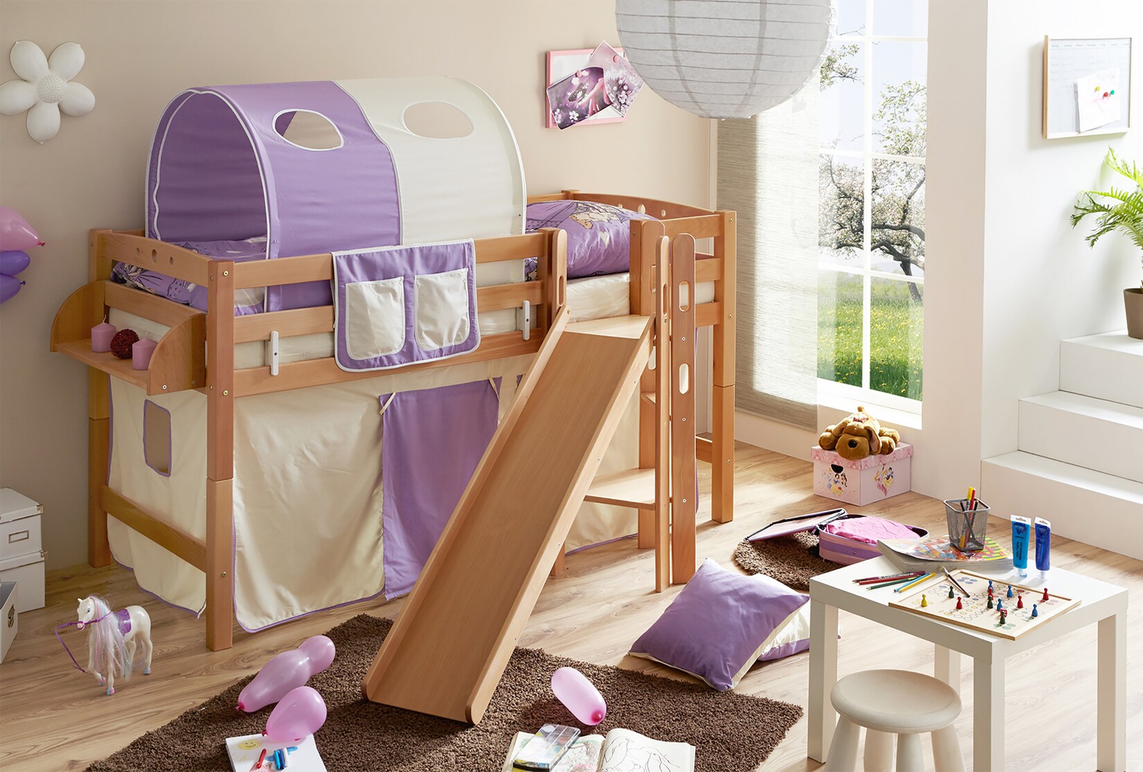 TiCAA Hochbett mit Rutsche Podestbett "Tino" Buche Natur Classic teilbar mit Farbauswahl