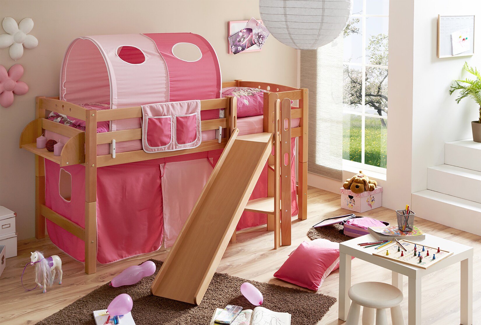 TiCAA Hochbett mit Rutsche Podestbett "Tino" Buche Natur Classic teilbar mit Farbauswahl