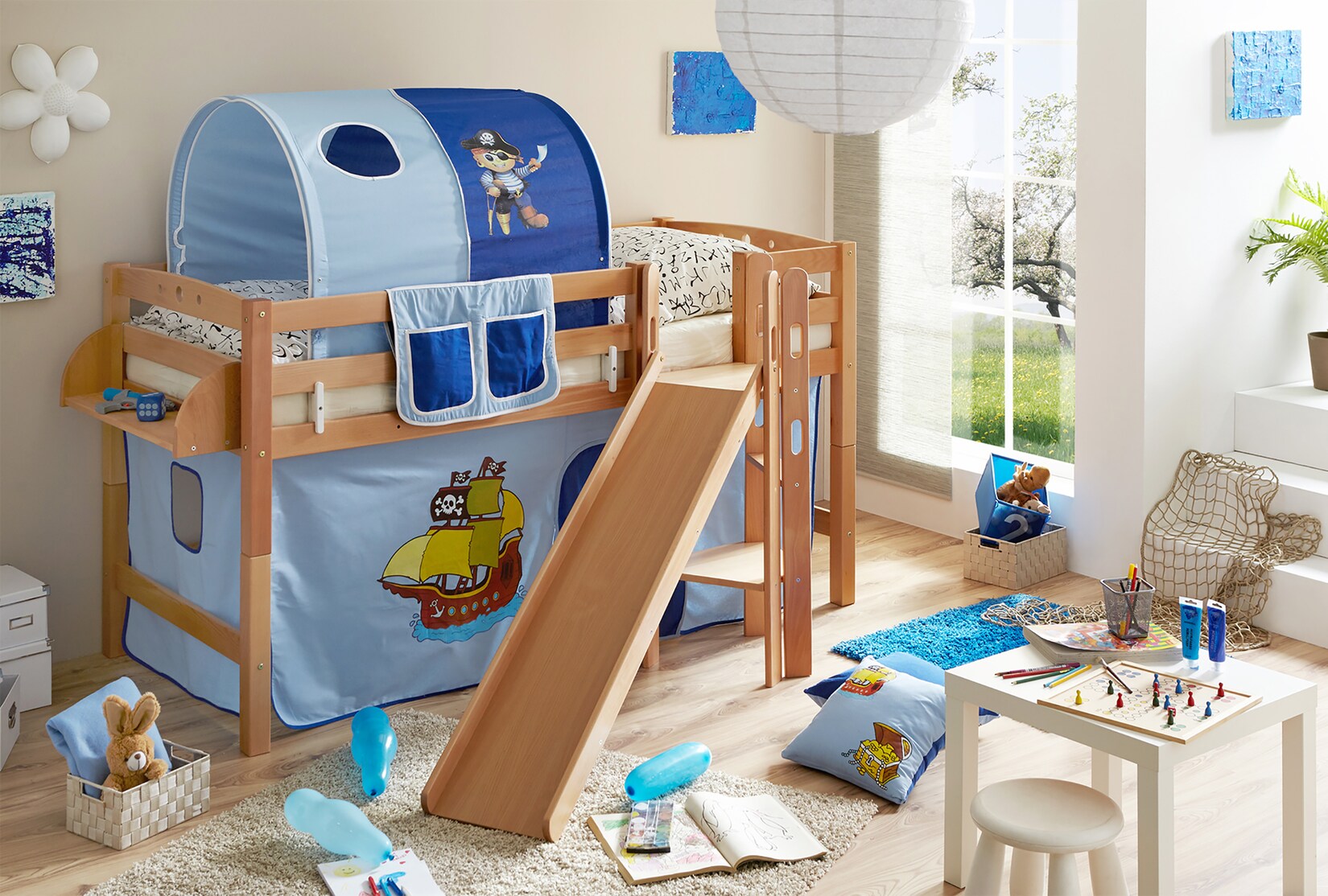 TiCAA Hochbett mit Rutsche Podestbett "Tino" Buche Natur Motiv, teilbar mit Farbauswahl