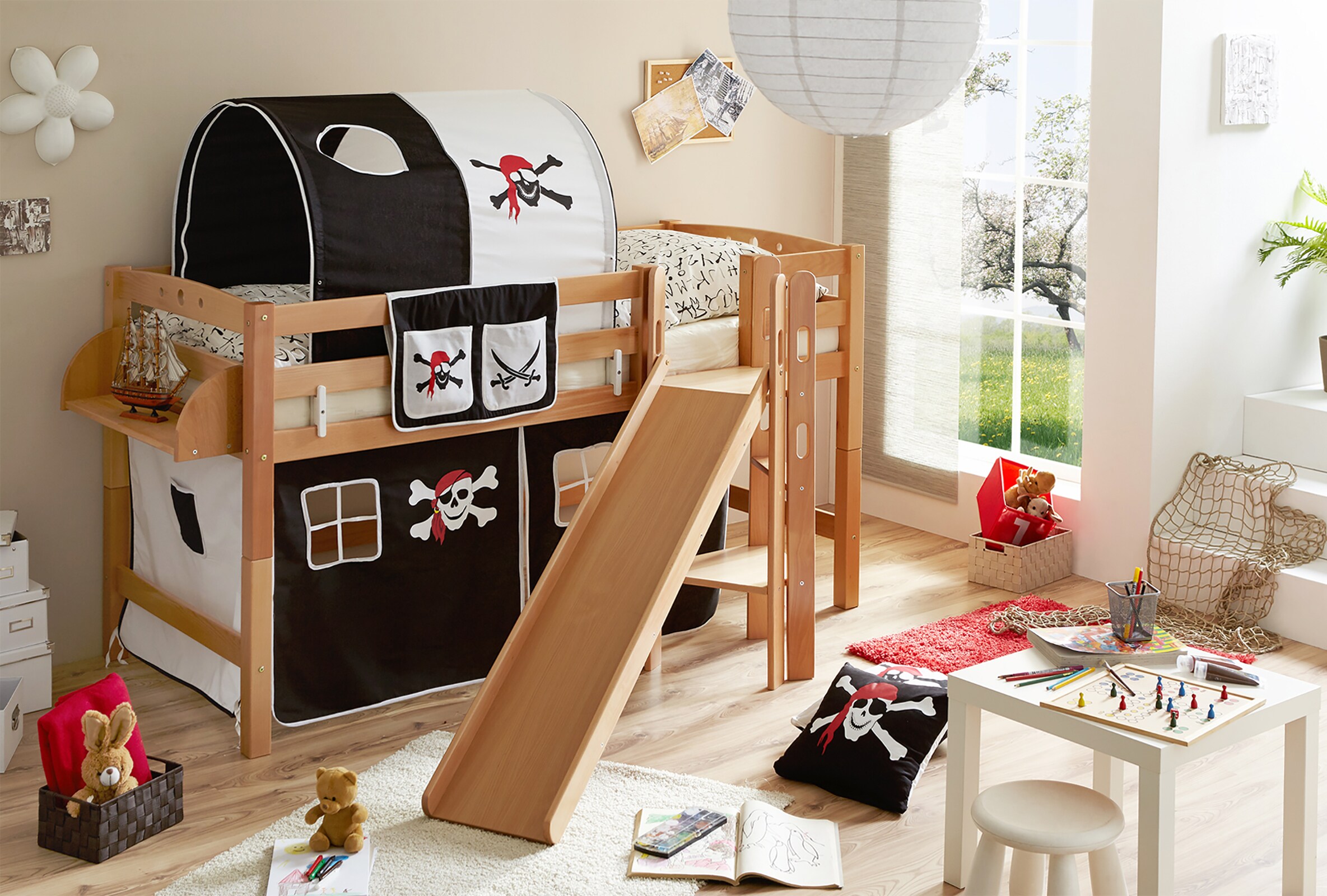 TiCAA Hochbett mit Rutsche Podestbett "Tino" Buche Natur Motiv, teilbar mit Farbauswahl - Bild 1