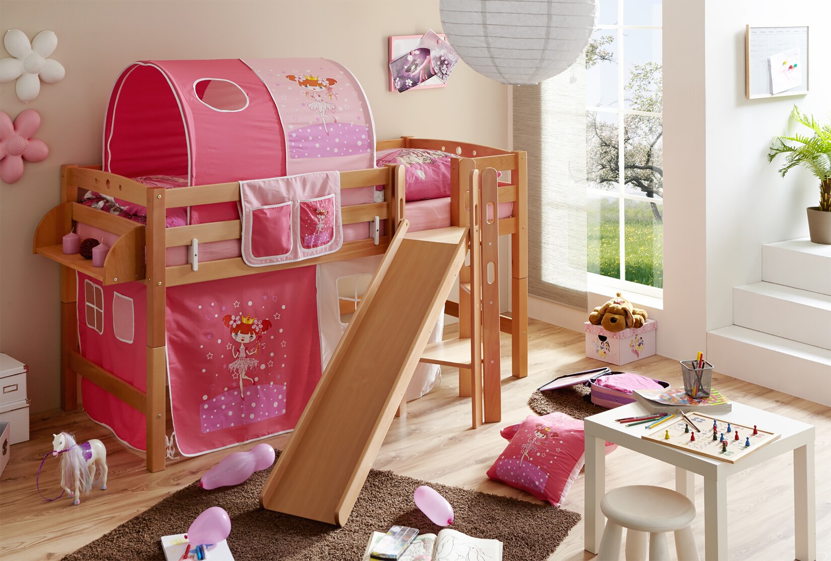 TiCAA Hochbett mit Rutsche Podestbett "Tino" Buche Natur Motiv, teilbar mit Farbauswahl