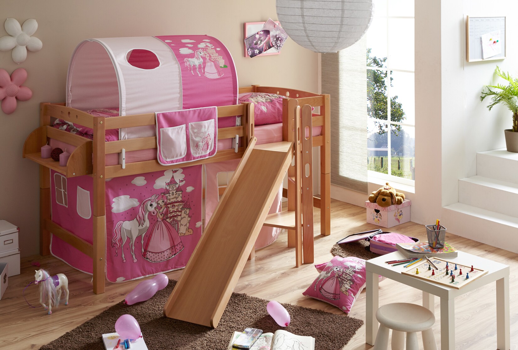 TiCAA Hochbett mit Rutsche Podestbett "Tino" Buche Natur Motiv, teilbar mit Farbauswahl
