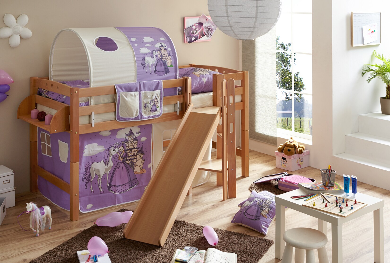 TiCAA Hochbett mit Rutsche Podestbett "Tino" Buche Natur Motiv, teilbar mit Farbauswahl