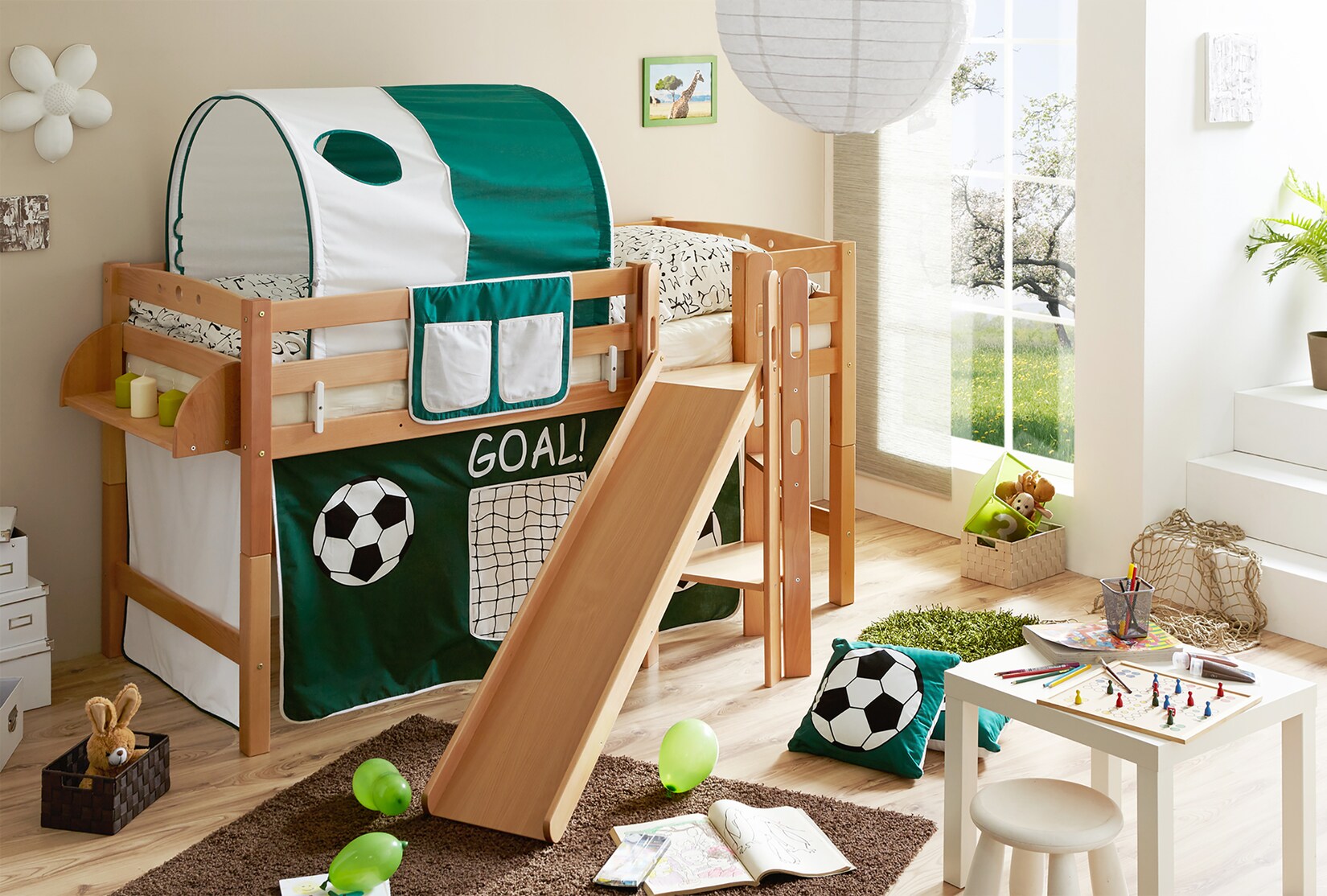 TiCAA Hochbett mit Rutsche Podestbett "Tino" Buche Natur Motiv, teilbar mit Farbauswahl