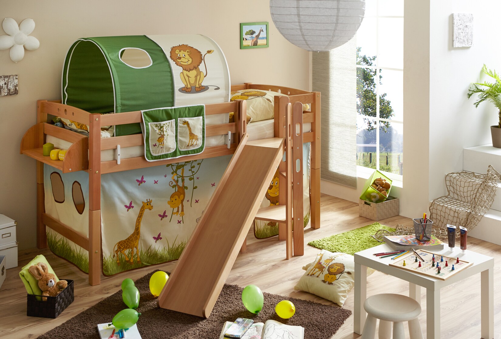 TiCAA Hochbett mit Rutsche Podestbett "Tino" Buche Natur Motiv, teilbar mit Farbauswahl