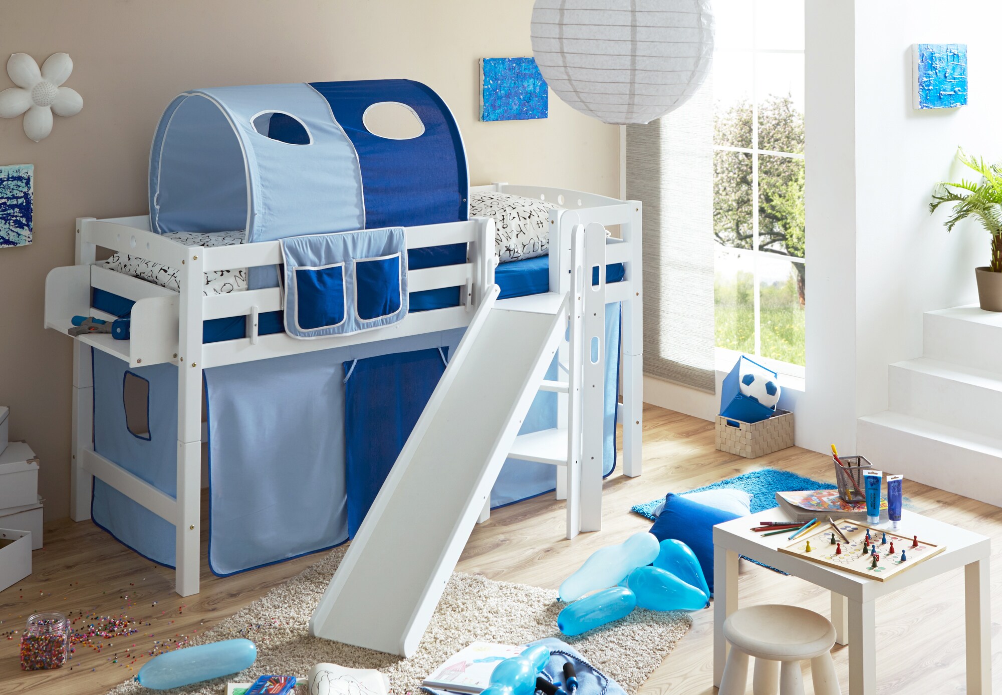 TiCAA Hochbett mit Rutsche Podestbett "Tino" Buche Wei&szlig; Classic, teilbar mit Farbauswahl - Bild 1