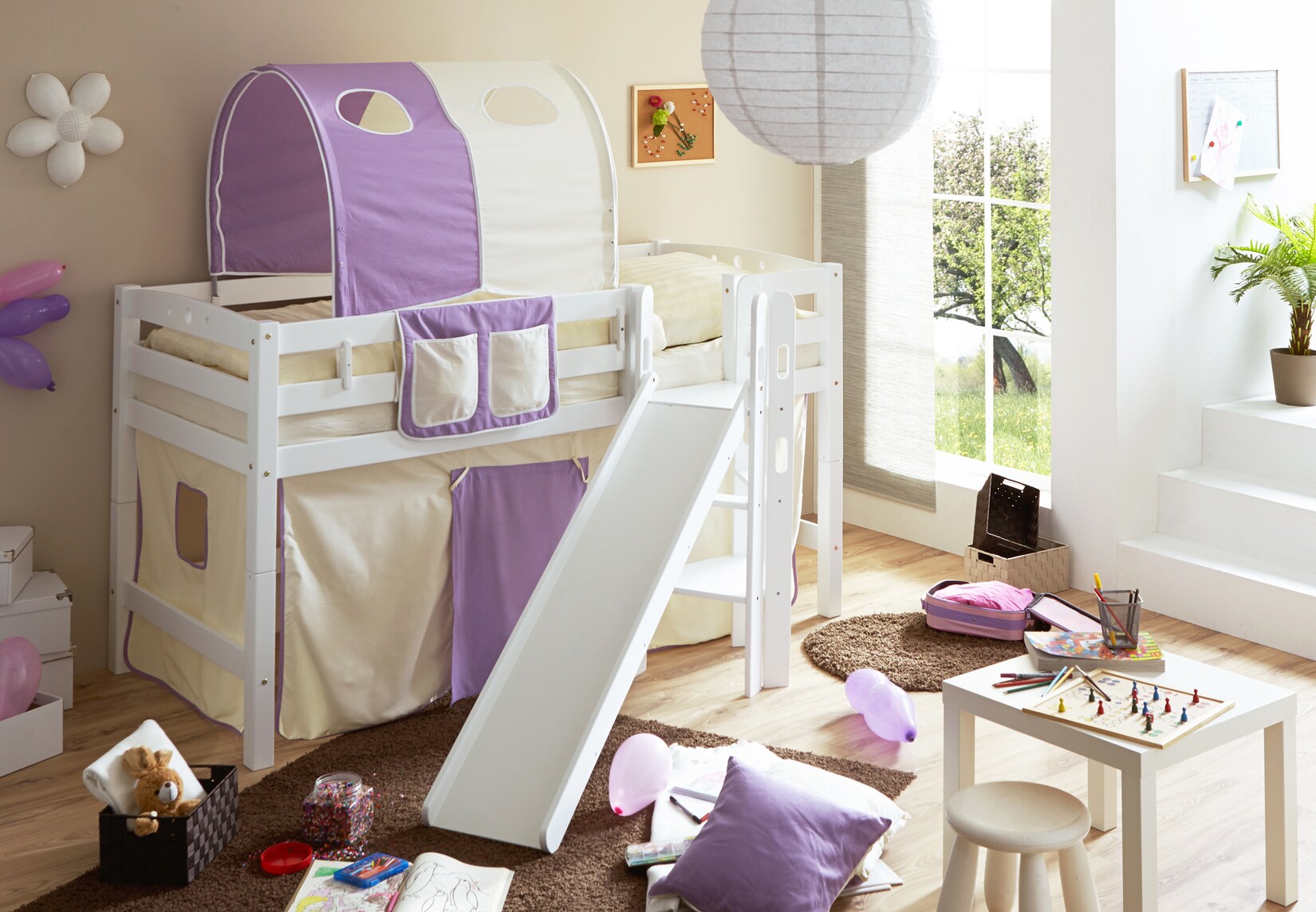 TiCAA Hochbett mit Rutsche Podestbett "Tino" Buche Weiß Classic, teilbar mit Farbauswahl