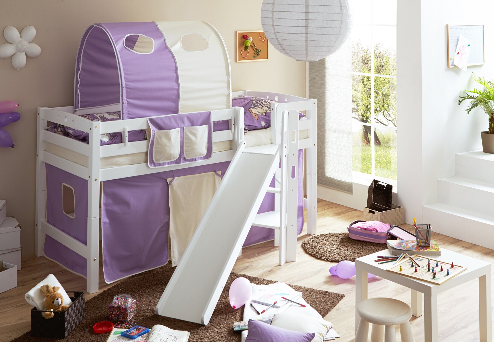 TiCAA Hochbett mit Rutsche Podestbett "Tino" Buche Weiß Classic, teilbar mit Farbauswahl