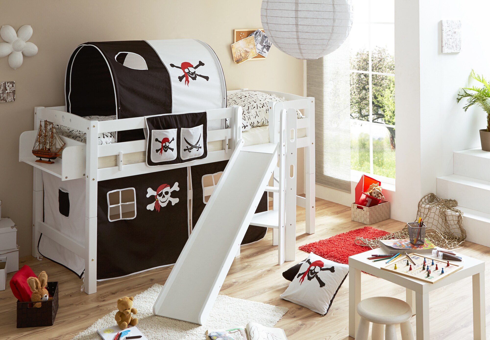 TiCAA Hochbett mit Rutsche Podestbett "Tino" Buche Wei&szlig; Motiv, teilbar mit Farbauswahl - Bild 1