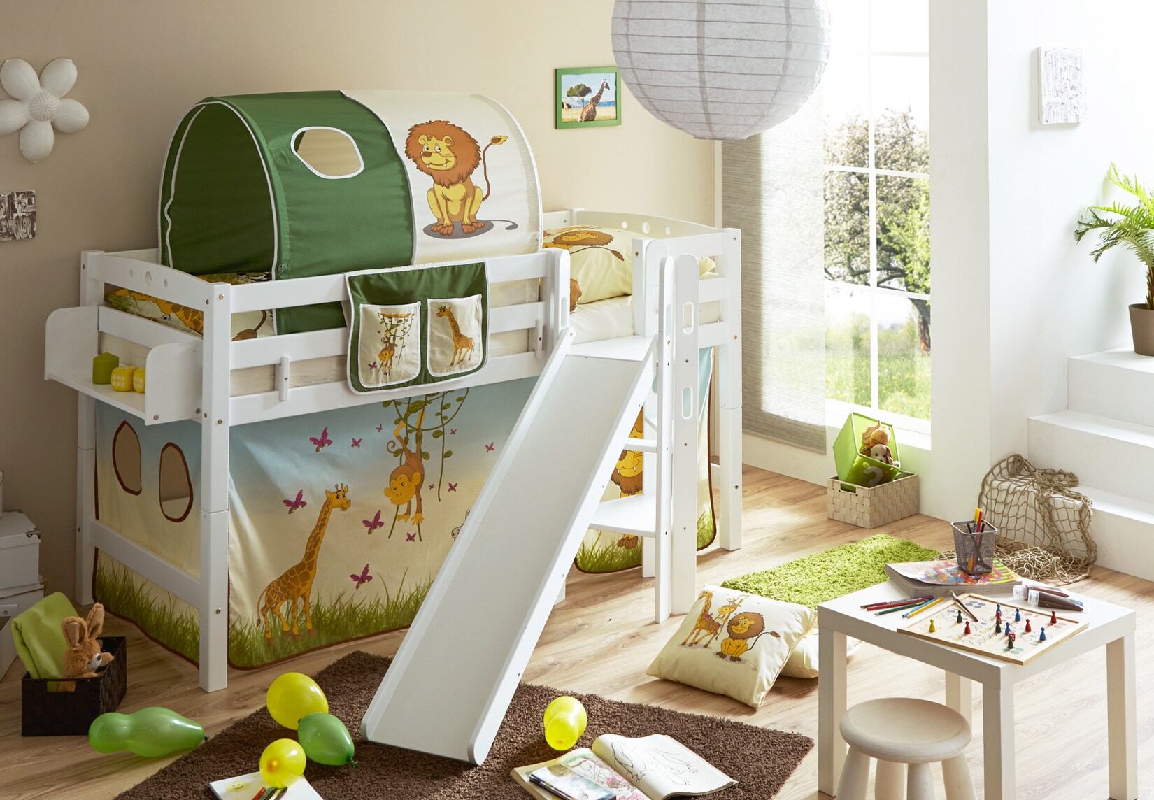 TiCAA Hochbett mit Rutsche Podestbett „Tino“ Buche Weiß Motiv, teilbar mit Farbauswahl | 04250393898784