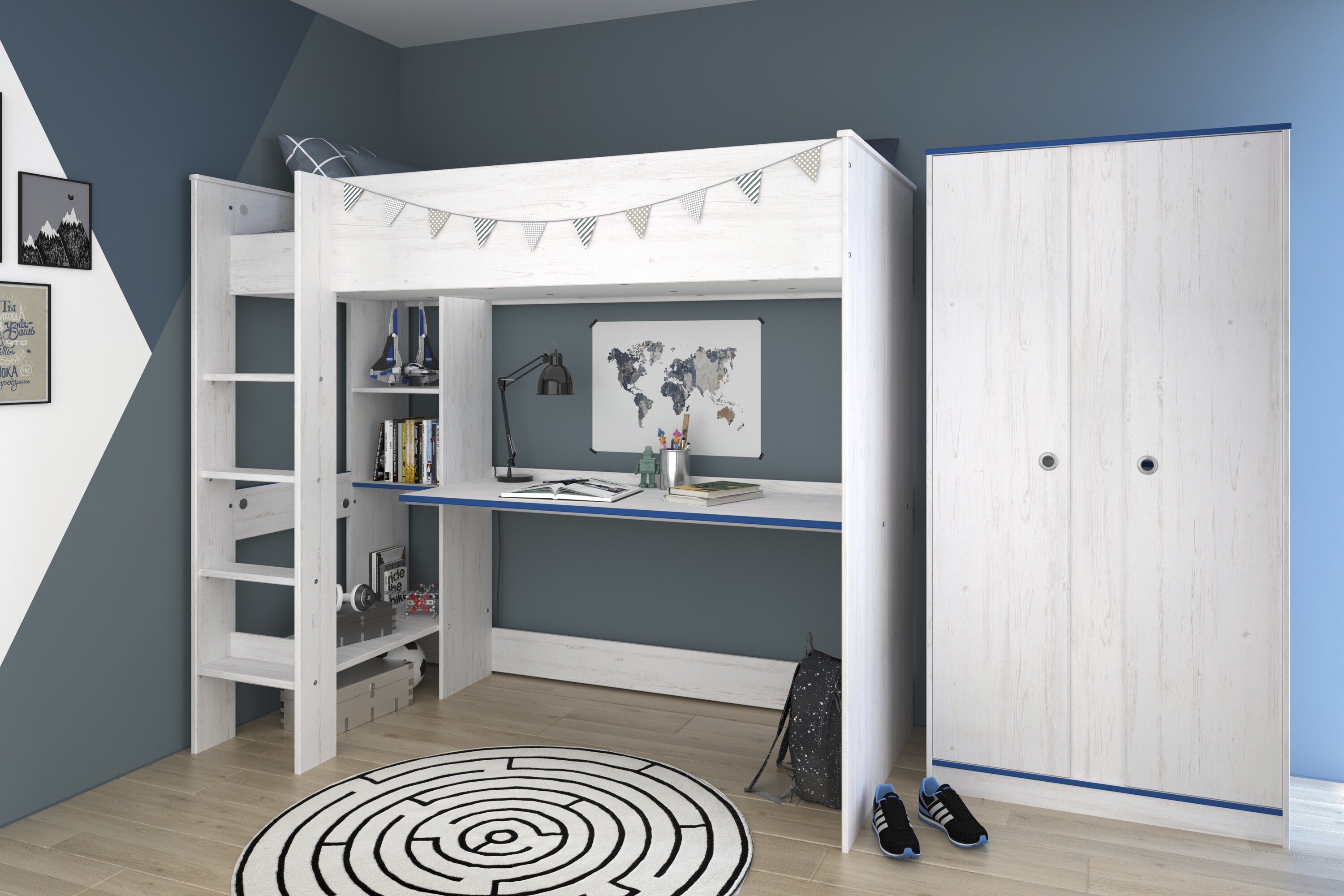 Parisot Hochbett extra hoch mit Schrank "Smoozy 4a + 4b" Blau/Pink - Bild 1