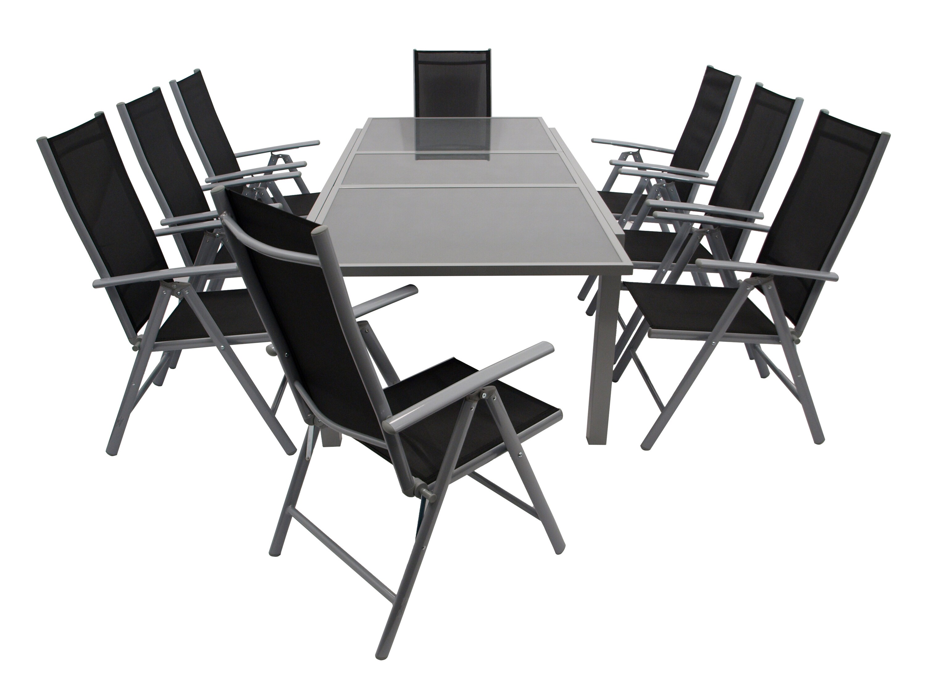 DEGAMO Garnitur PISA 9-teilig, Aluminium silbergrau + Glas + Kunstgewebe schwarz - Bild 1