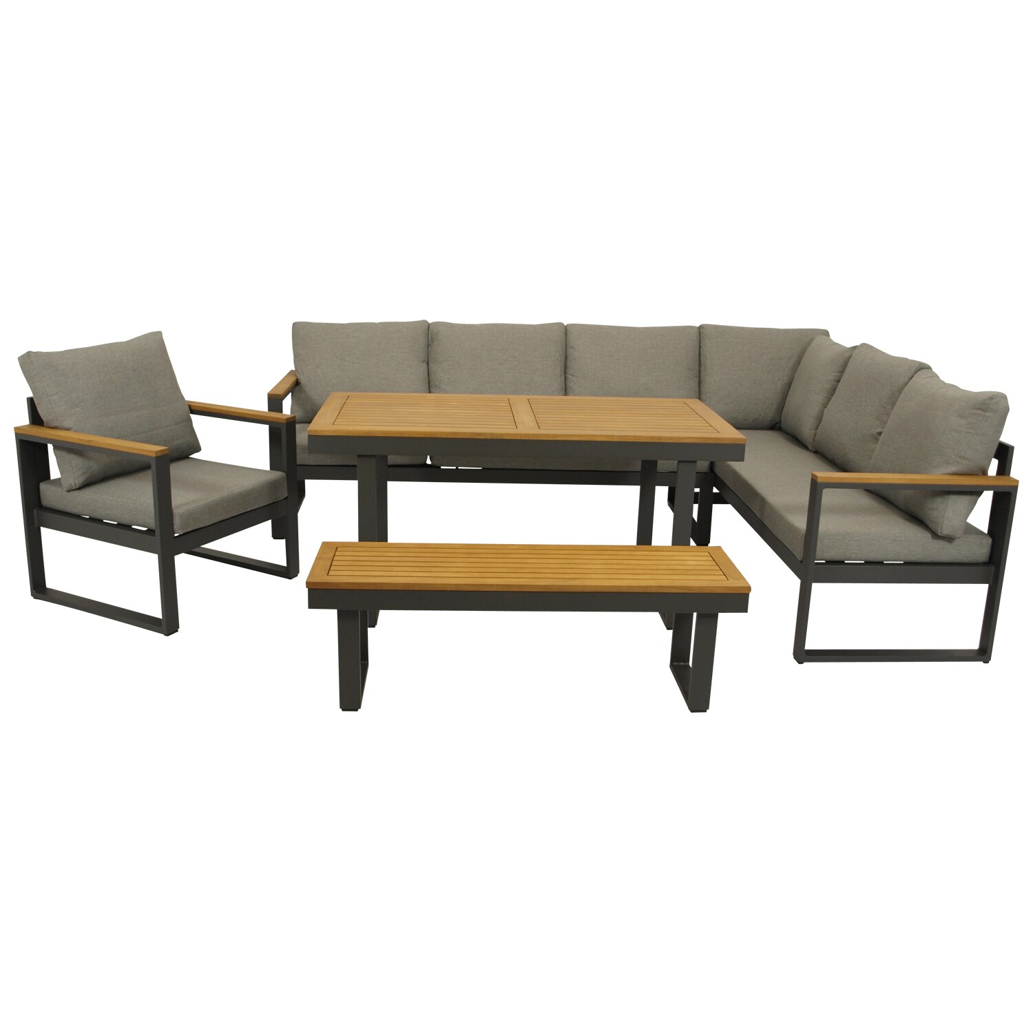 DEGAMO Funktions Eckbank Set  KAMPALA 4-teilig, Aluminium anthrazit + Akazie, Polster grau, FSC-zertifiziert | 04050747364992