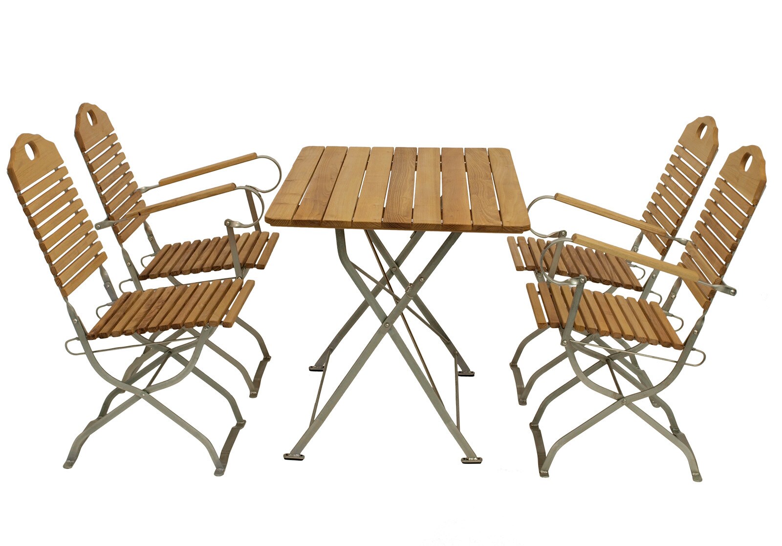 DEGAMO Kurgarten – Garnitur BAD TÖLZ 5-teilig (2x Stuhl, 2x Armlehnensessel, 1x Tisch 70x110cm), Flachstahl verzinkt + Robinie, klappbar | 04050747090068
