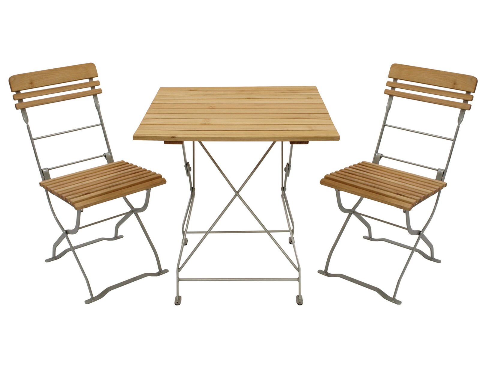 DEGAMO Biergarten – Garnitur MÜNCHEN 3-teilig (2x Stuhl, 1x Tisch 70x70cm), Flachstahl verzinkt + Robinie | 04050747090495