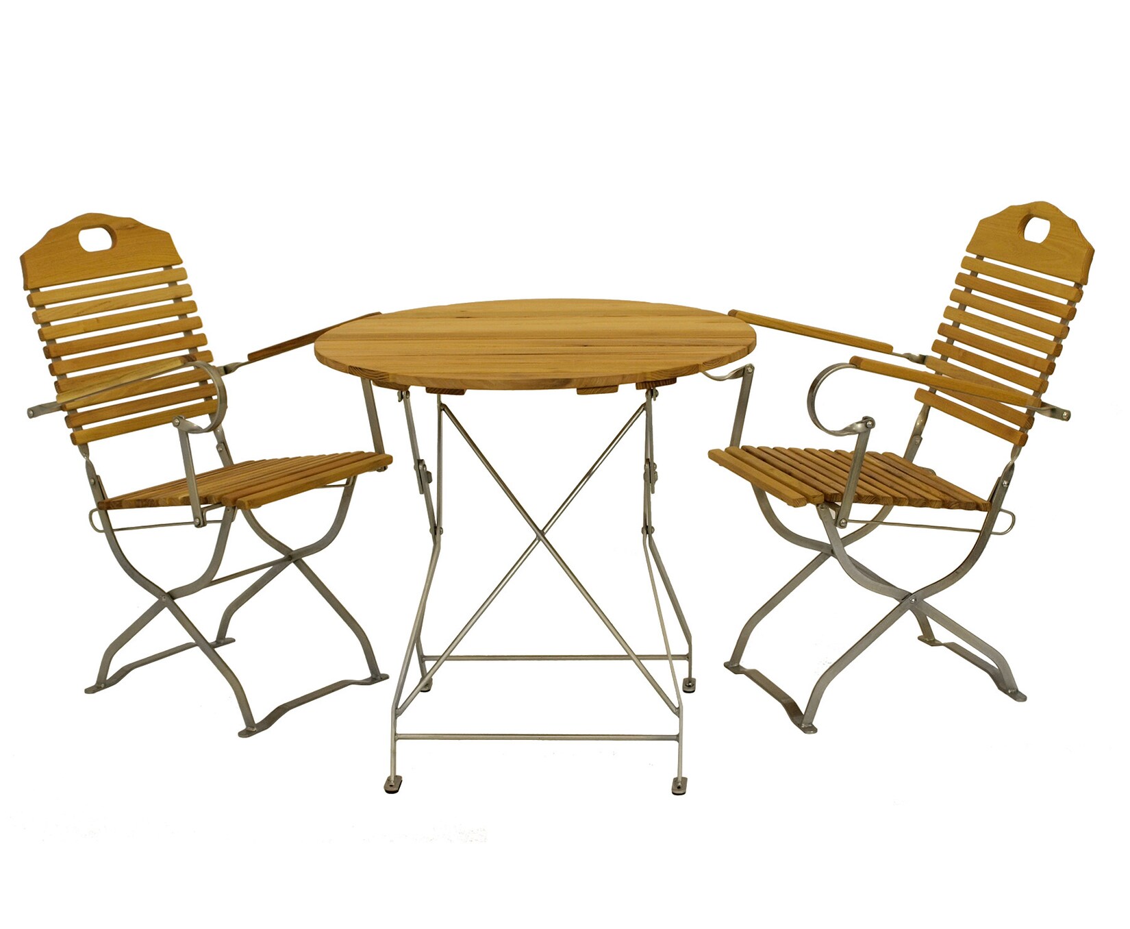 DEGAMO Kurgarten – Garnitur BAD TÖLZ 3-teilig (2x Armlehnensessel, 1x Tisch 77cm rund), Flachstahl verzinkt + Robinie, klappbar | 04050747090563