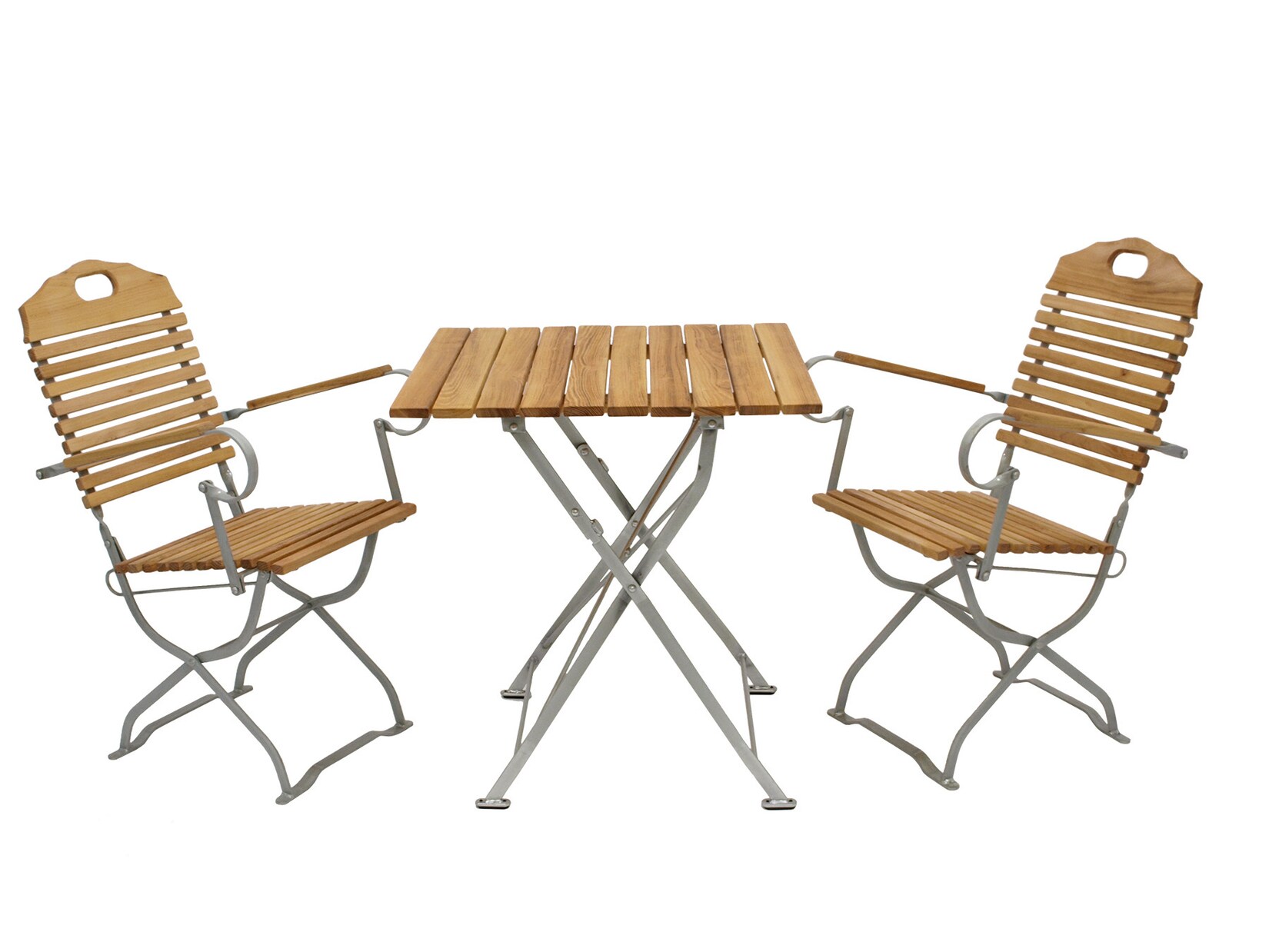 DEGAMO Kurgarten – Garnitur BAD TÖLZ 3-teilig (2x Armlehnensessel, 1x Tisch 70x70cm), Flachstahl verzinkt + Robinie, klappbar | 04050747090969