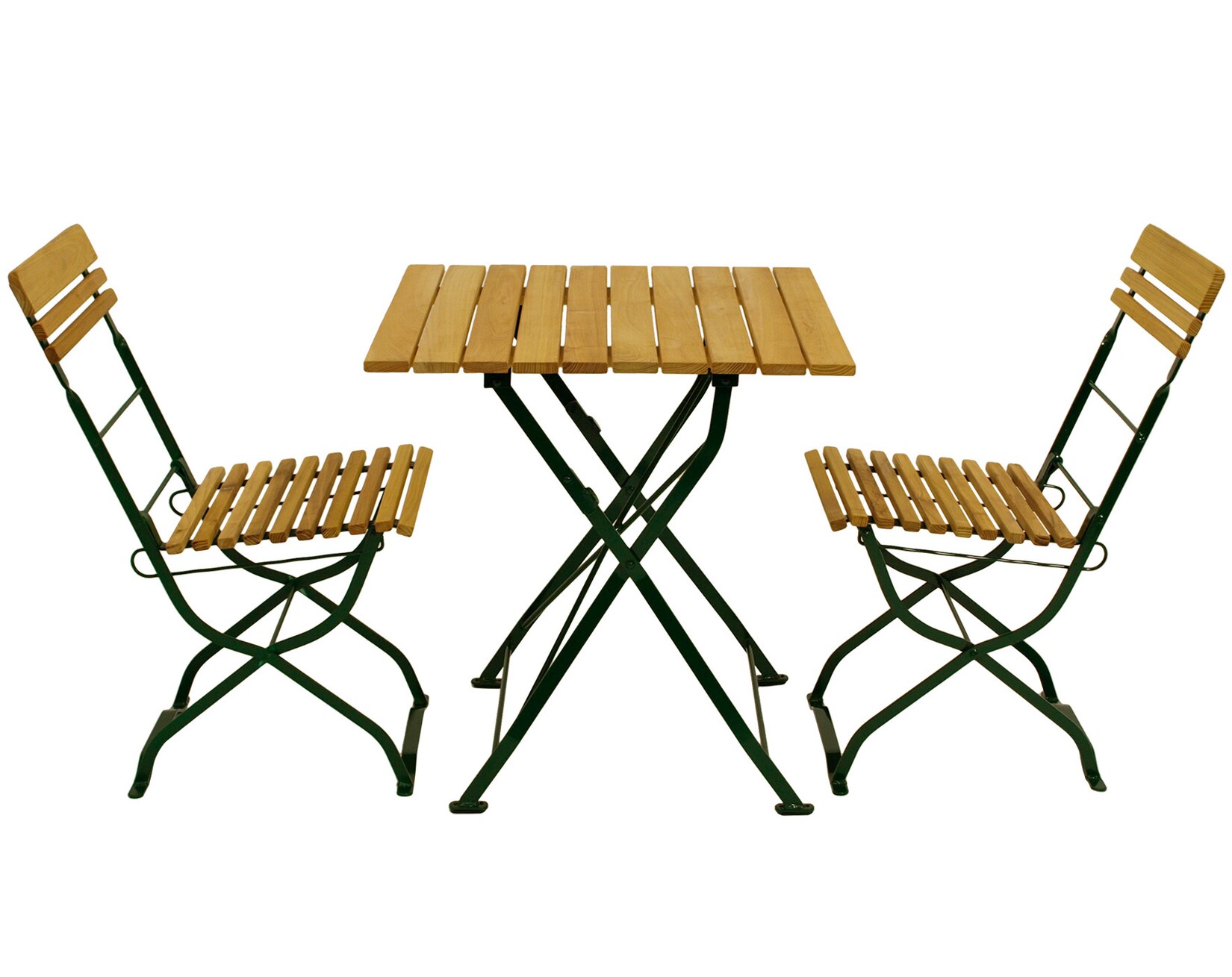 DEGAMO Biergarten – Garnitur MÜNCHEN 3-teilig (2x Stuhl, 1x Tisch 70x70cm), Flachstahl grün + Robinie | 04050747090488