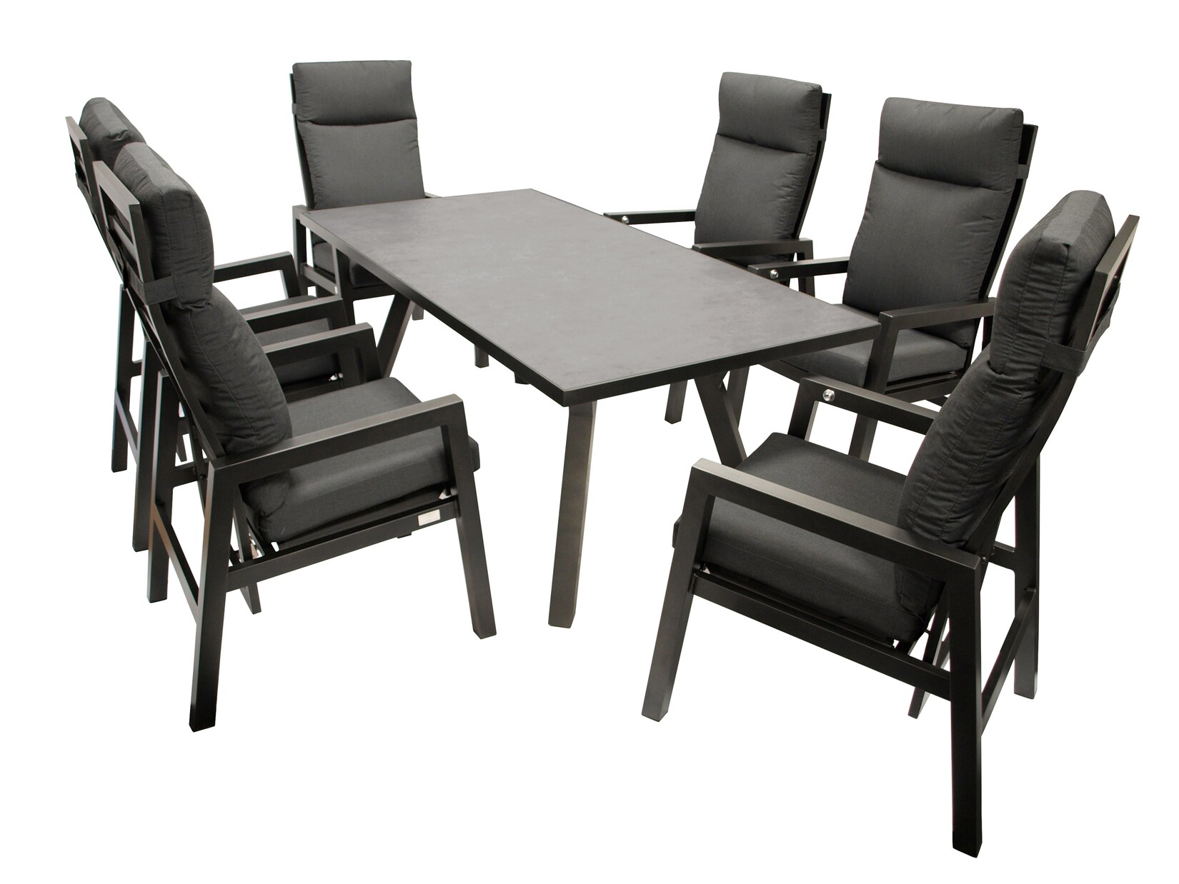 Garnitur MANCIANO 7-teilig, Aluminium dunkelgrau, mit Polstern, Tischplatte dunkelgrau