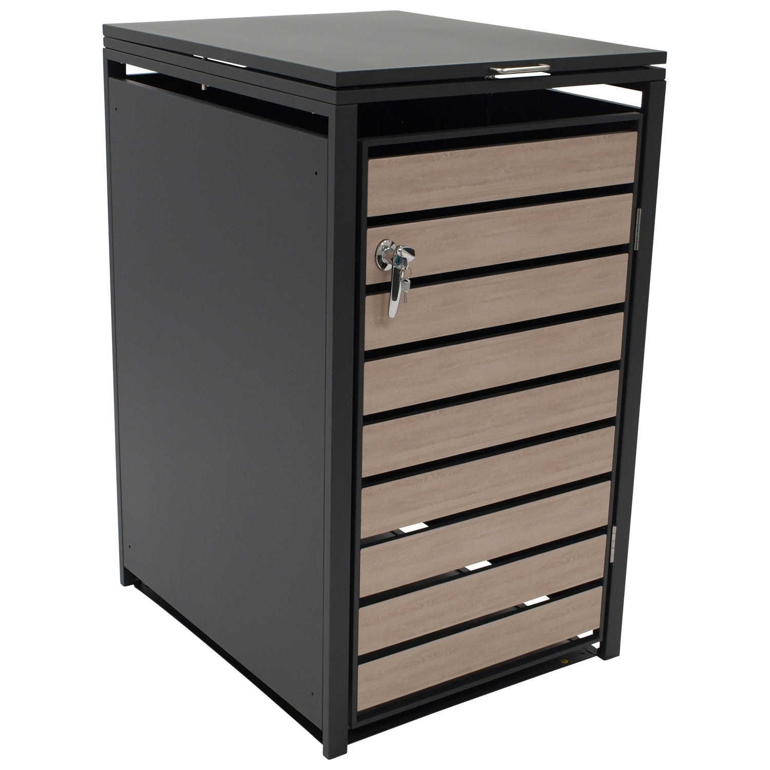 DEGAMO M&uuml;lltonnenbox 68x80x116cm f&uuml;r Tonnen 120 und 240 Liter, Stahl anthrazit mit T&uuml;ren Holzoptik - Bild 1