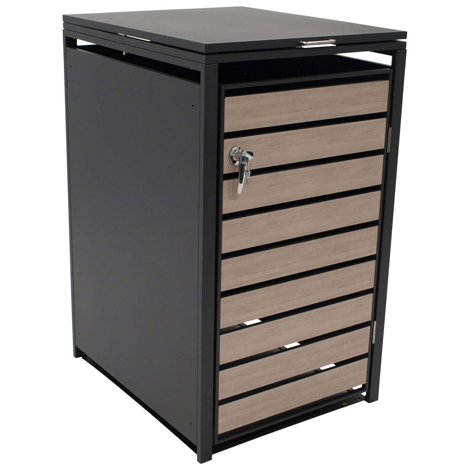 DEGAMO Mülltonnenbox 68x80x116cm für Tonnen 120 und 240 Liter, Stahl anthrazit mit Türen Holzoptik | 04050747101610