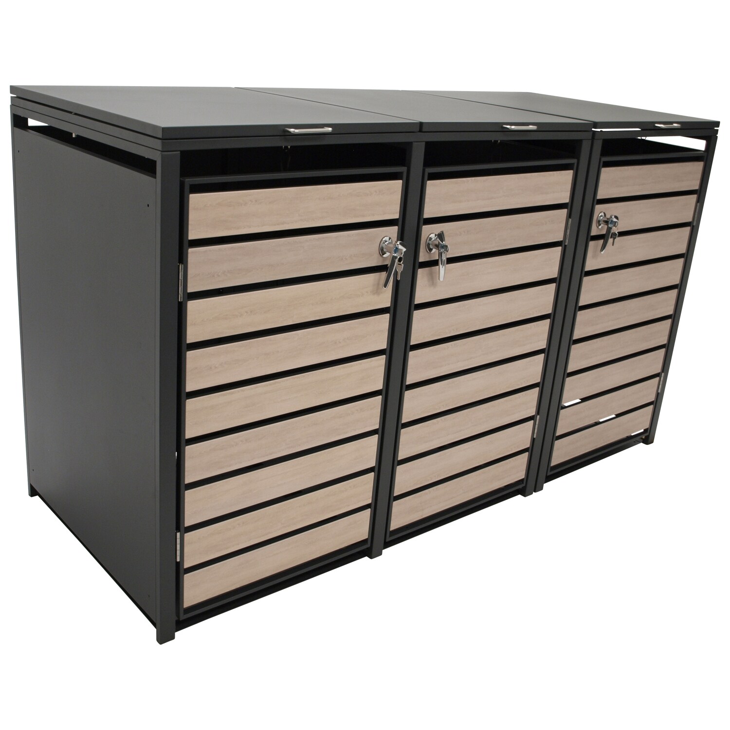 DEGAMO Mülltonnenbox 200x80x116cm für 3x Tonnen 120 und 240 Liter, Stahl anthrazit mit Türen Holzoptik | 04050747101634